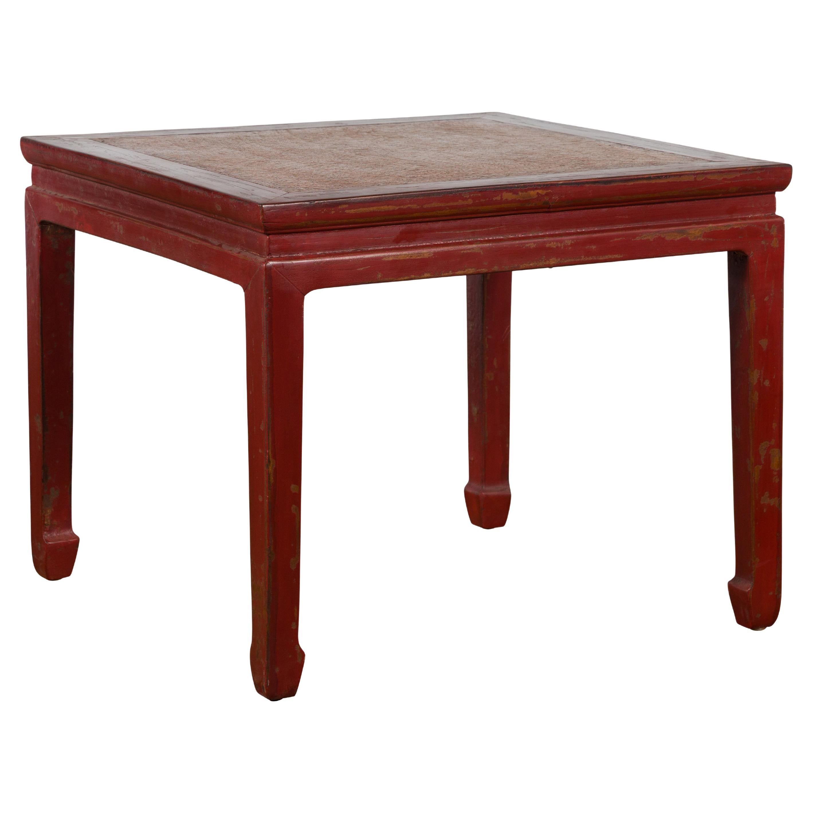 Chinese Qing Dynasty 19th Century Red Lacquer Side Table with Woven Rattan Top For Sale