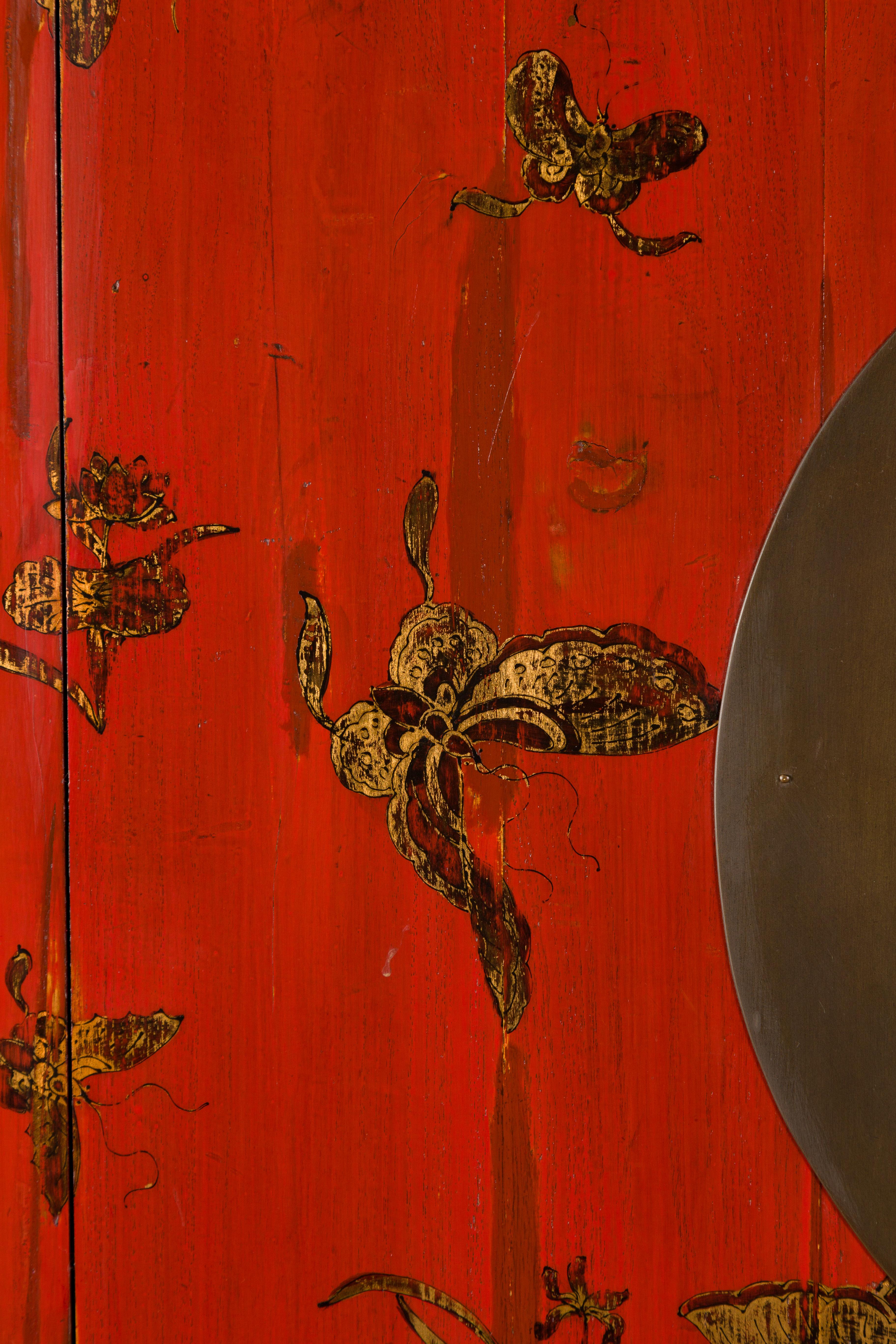 Chinese Qing Dynasty 19th Century Red Lacquer Wedding Cabinet with Butterflies 7
