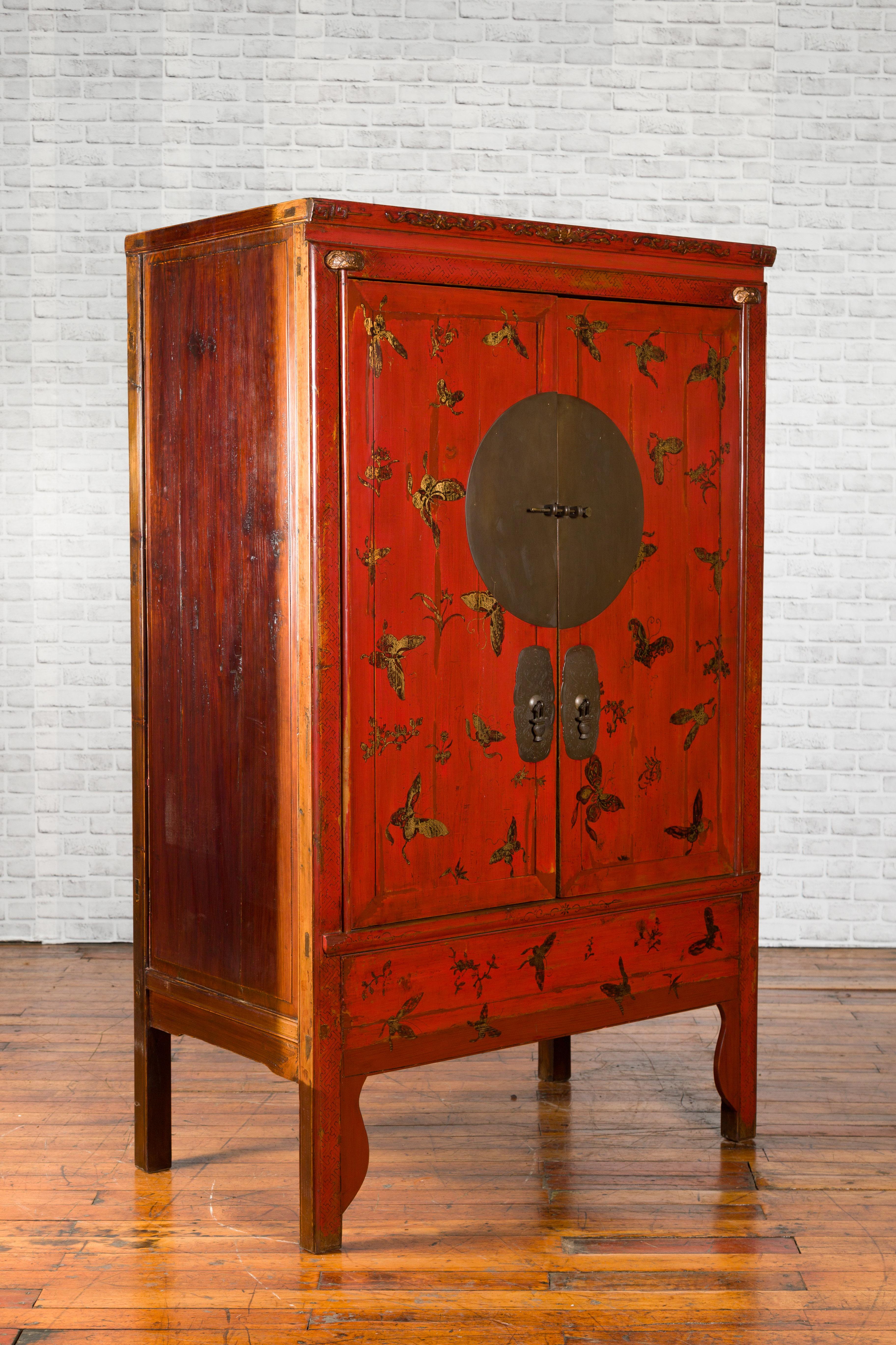 Hand-Painted Chinese Qing Dynasty 19th Century Red Lacquer Wedding Cabinet with Butterflies