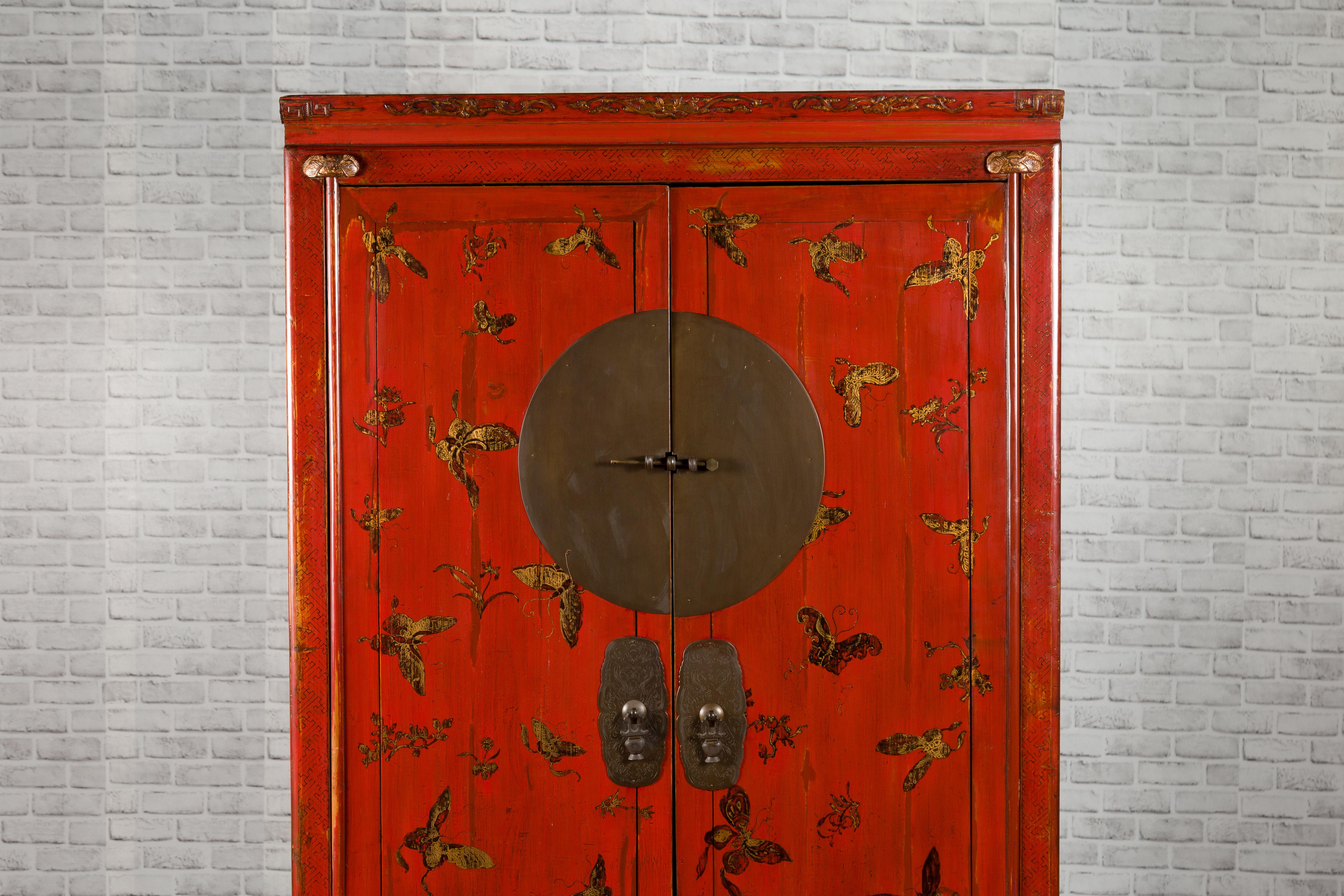 Wood Chinese Qing Dynasty 19th Century Red Lacquer Wedding Cabinet with Butterflies