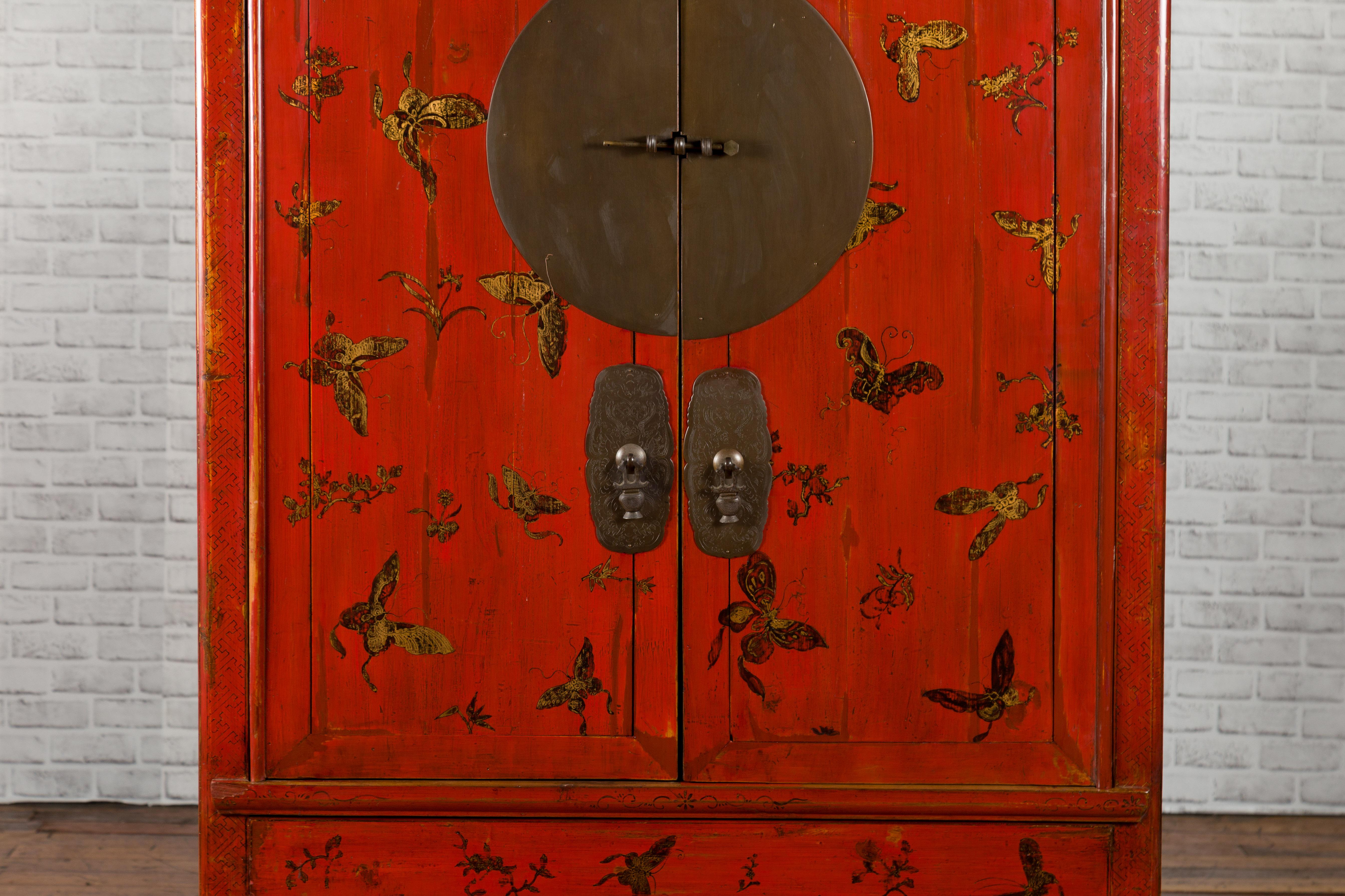 Chinese Qing Dynasty 19th Century Red Lacquer Wedding Cabinet with Butterflies 1