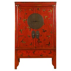 Chinese Qing Dynasty 19th Century Red Lacquer Wedding Cabinet with Butterflies