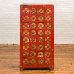 Chinese Qing Dynasty 19th Century Red Lacquered and Painted Apothecary Chest