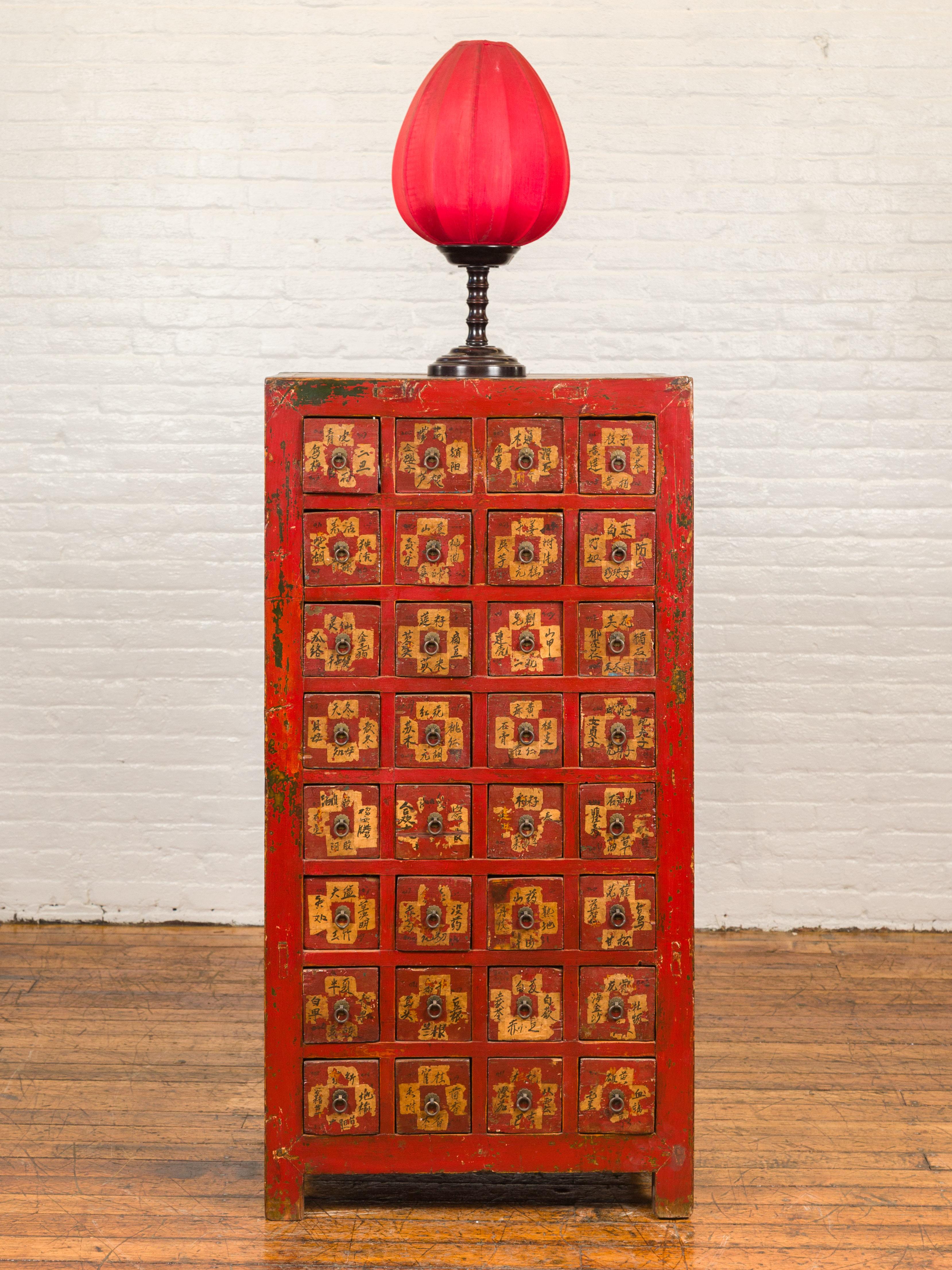 Chinese Qing Dynasty 19th Century Red Lacquered and Painted Apothecary Chest In Good Condition In Yonkers, NY