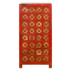 Antique Chinese Qing Dynasty 19th Century Red Lacquered and Painted Apothecary Chest