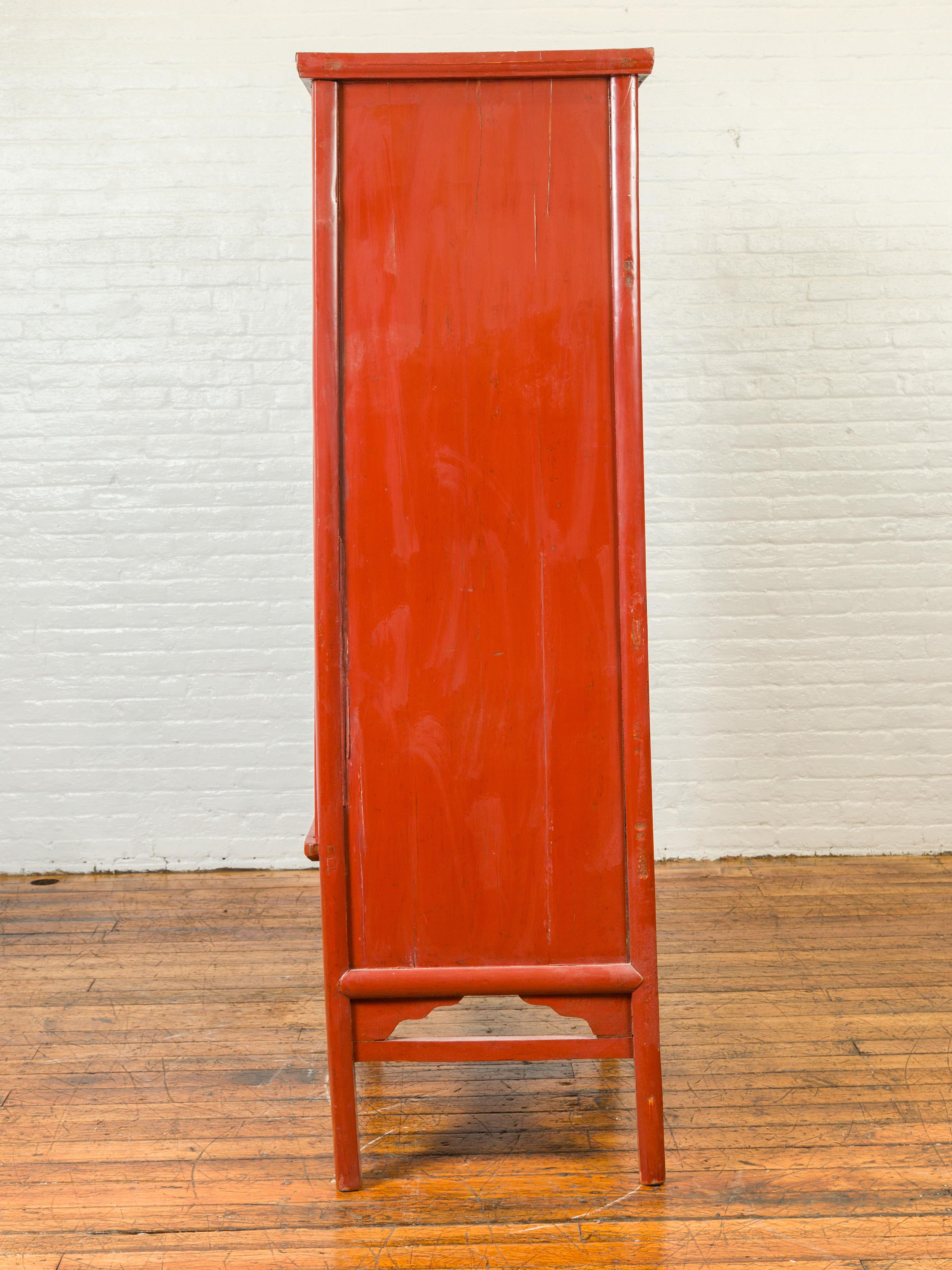 Chinese Qing Dynasty 19th Century Red Lacquered Armoire with Bronze Medallion 6