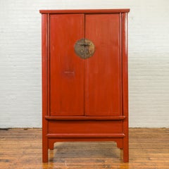 Chinese Qing Dynasty 19th Century Red Lacquered Armoire with Bronze Medallion