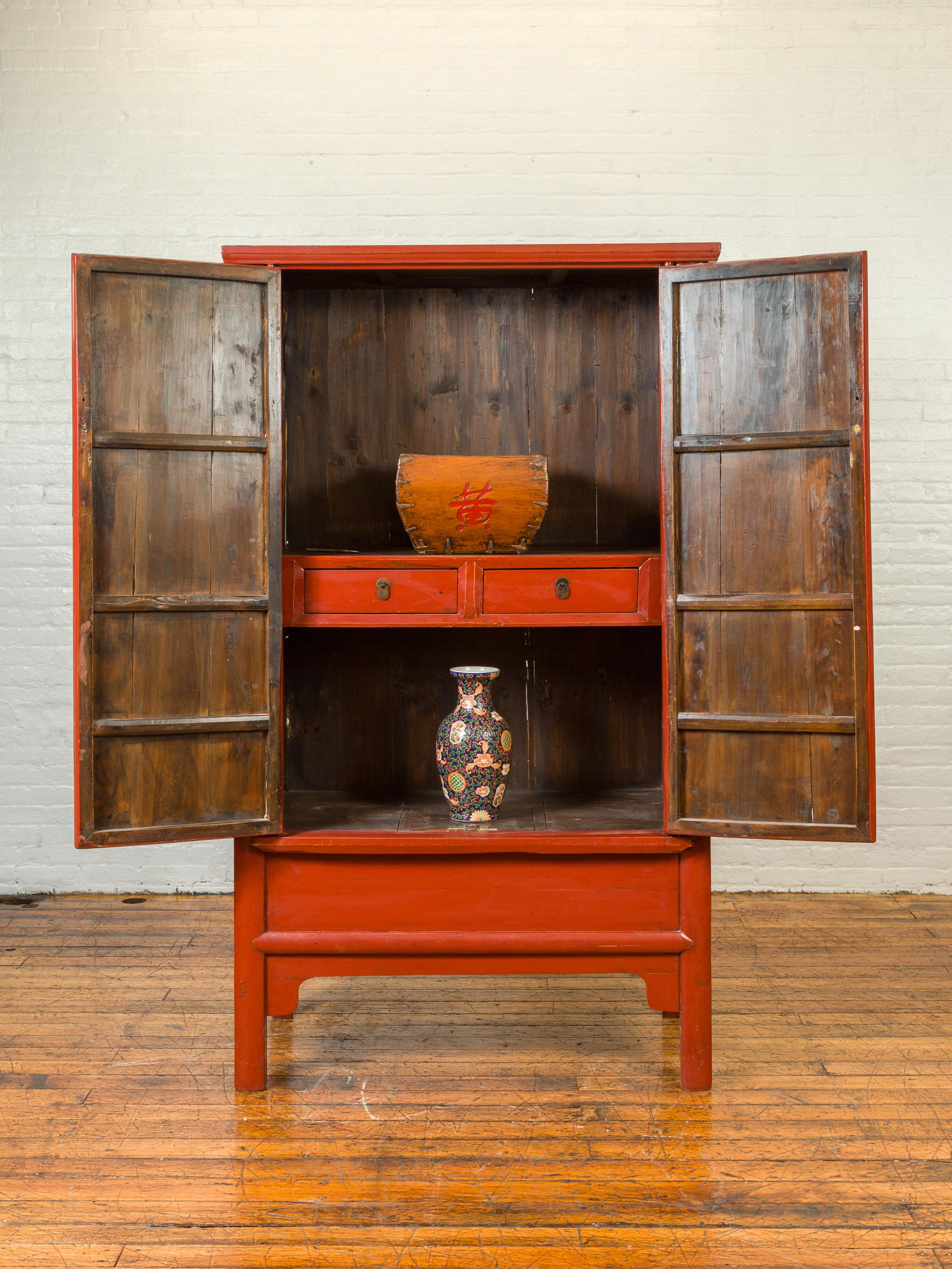 Chinese Qing Dynasty 19th Century Red Lacquered Armoire with Bronze Medallion 1