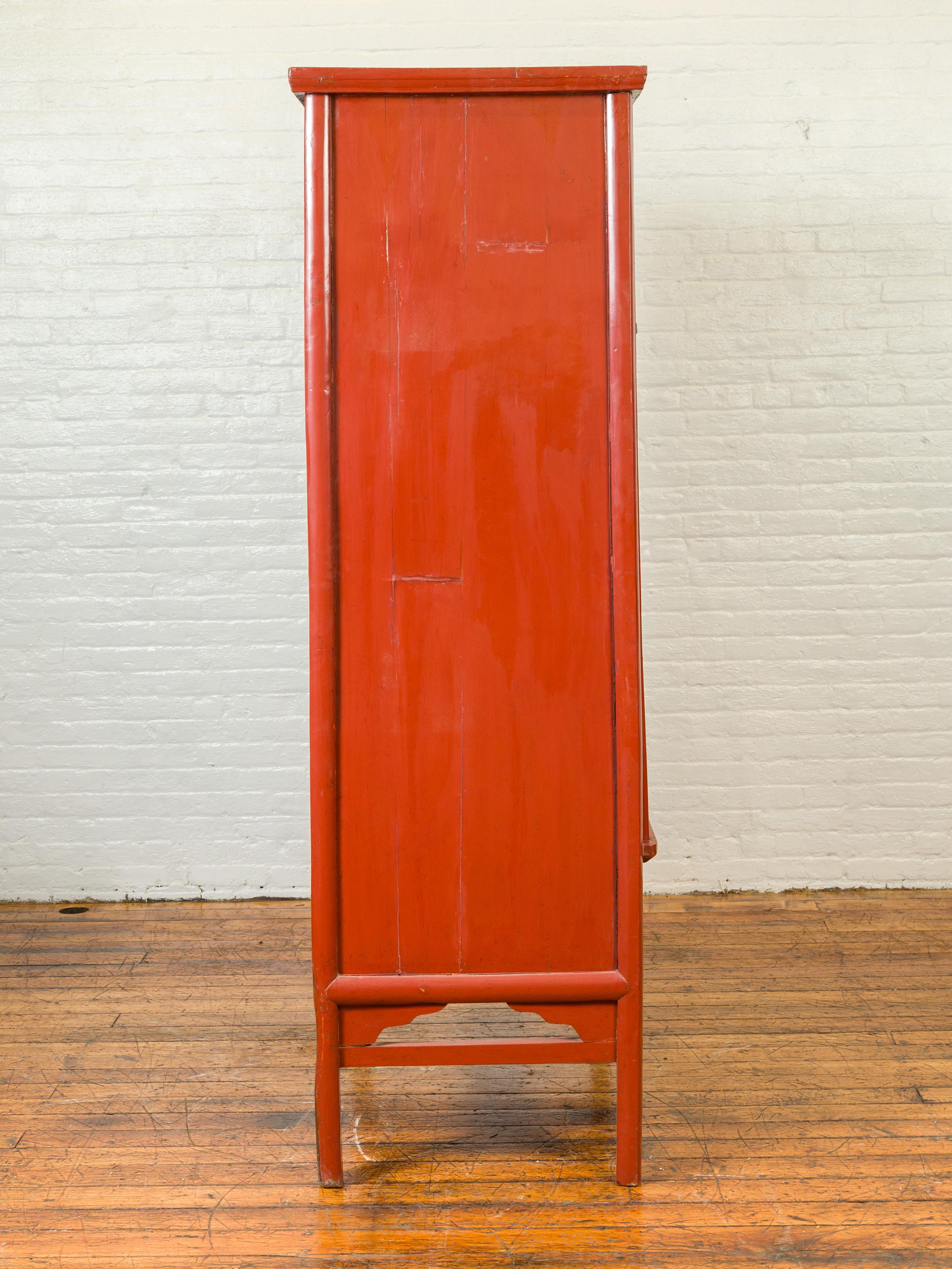 Chinese Qing Dynasty 19th Century Red Lacquered Armoire with Bronze Medallion 4