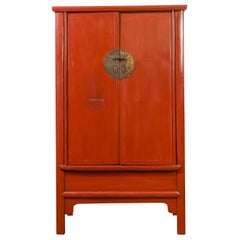 Antique Chinese Qing Dynasty 19th Century Red Lacquered Armoire with Bronze Medallion