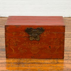Chinese Qing Dynasty 19th Century Red Lacquered Blanket Chest with Floral Décor