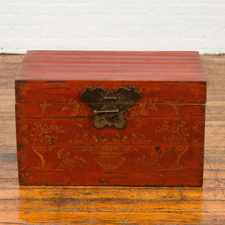 Chinese Qing Dynasty 19th Century Red Lacquered Blanket Chest with