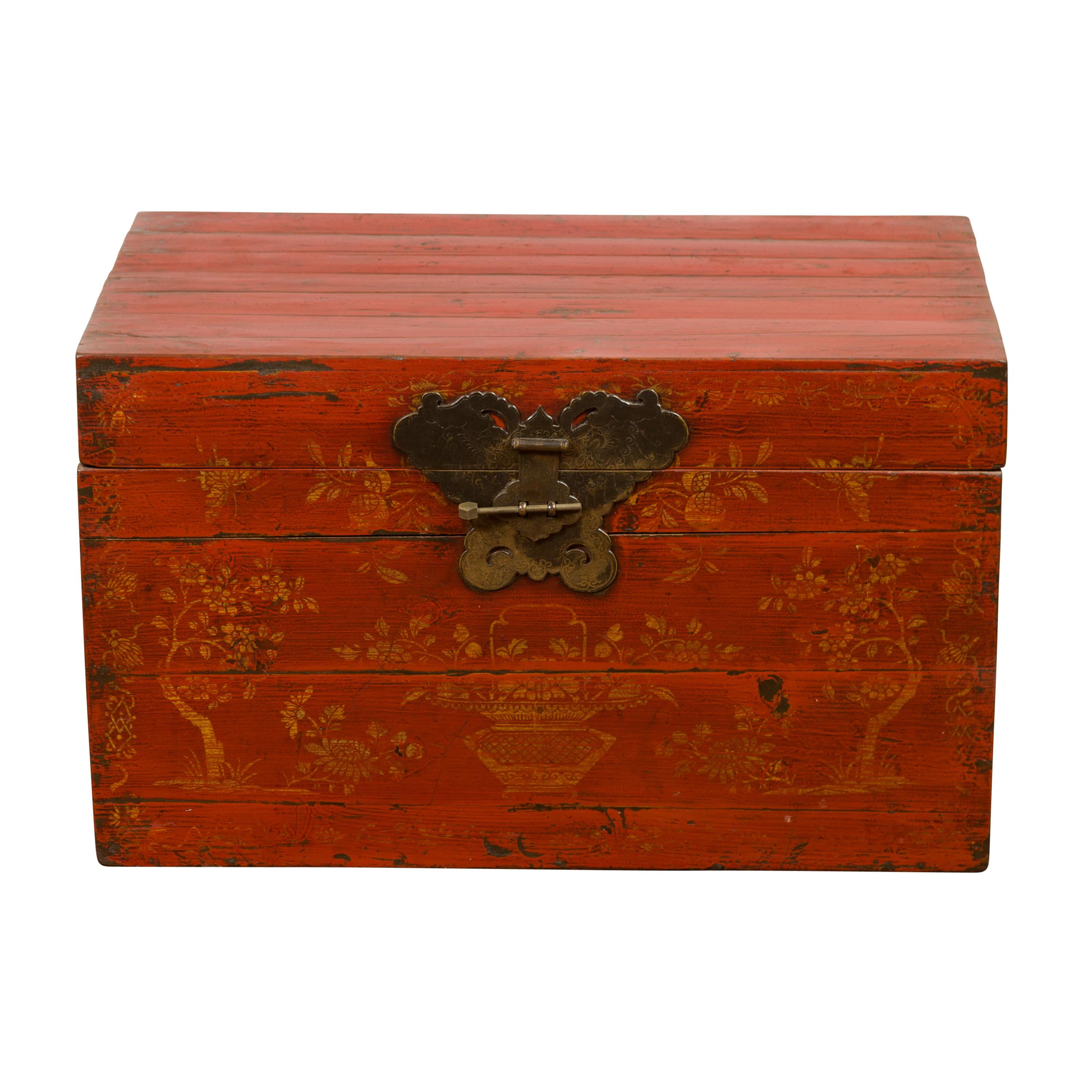 Chinese Qing Dynasty 19th Century Red Lacquered Blanket Chest with Floral Décor