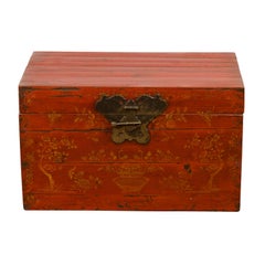 Antique Chinese Qing Dynasty 19th Century Red Lacquered Blanket Chest with Floral Décor