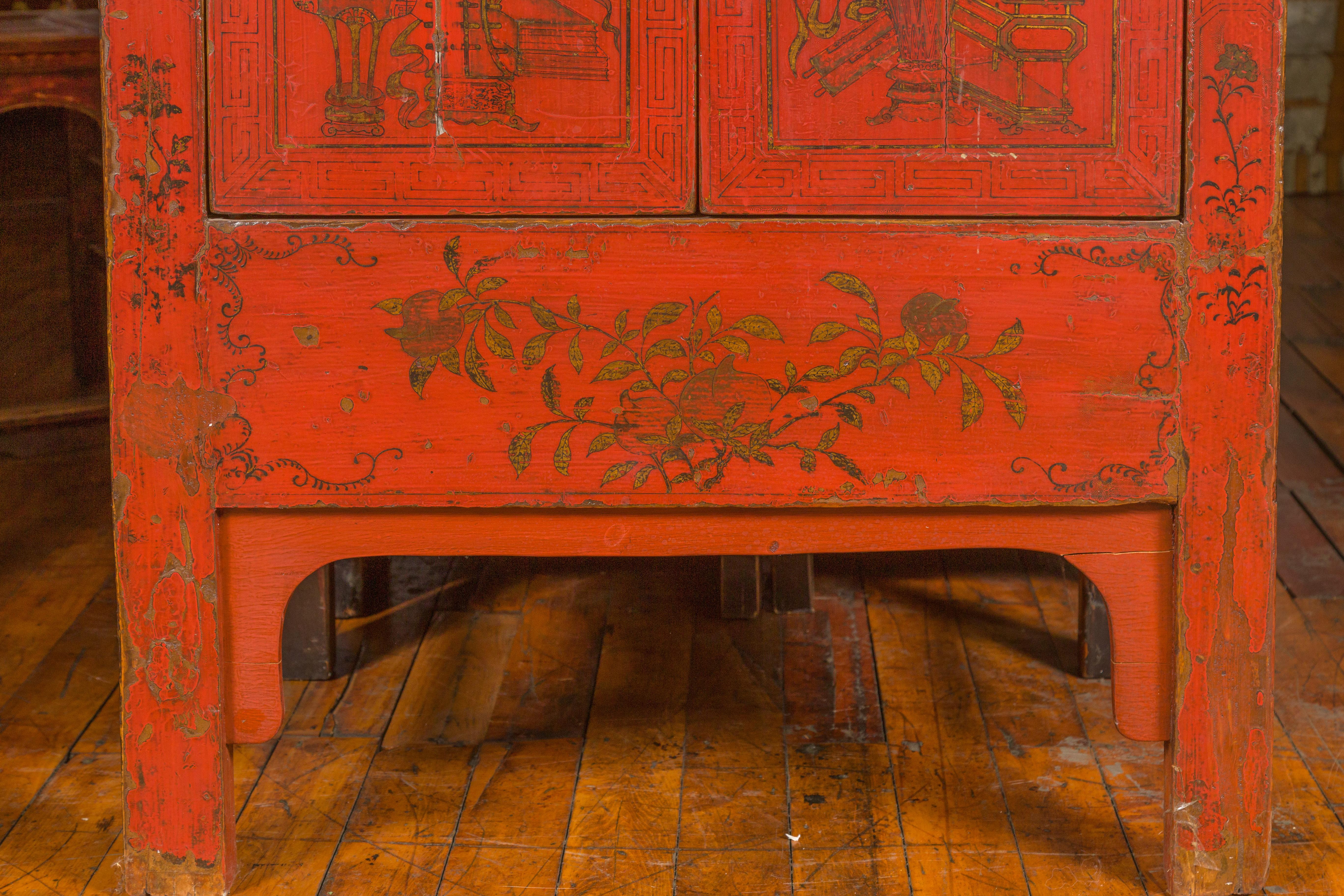 Chinese Qing Dynasty 19th Century Red Lacquered Cabinet with Gold Floral Motifs 7
