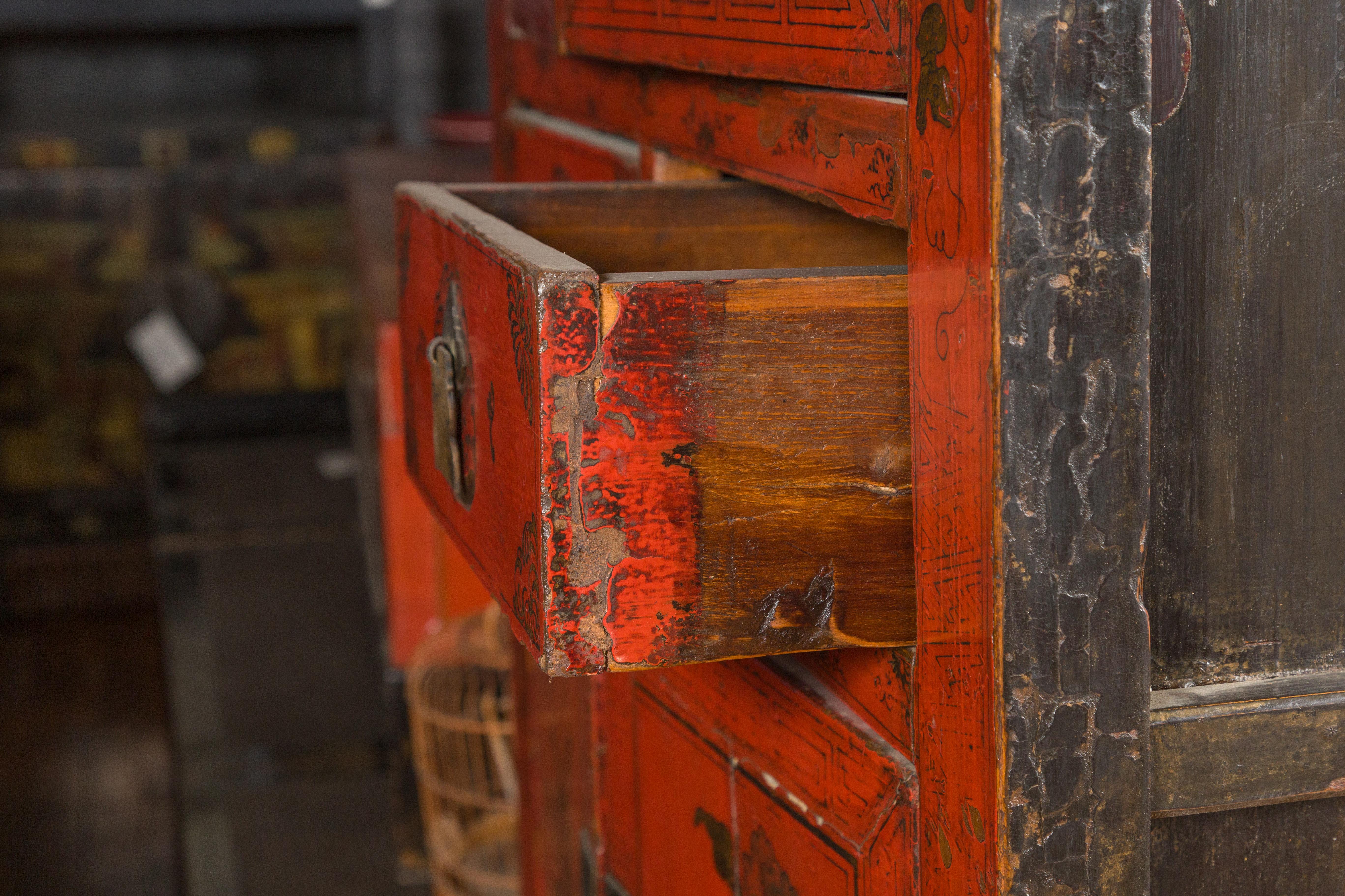 Chinese Qing Dynasty 19th Century Red Lacquered Cabinet with Gold Floral Motifs 11