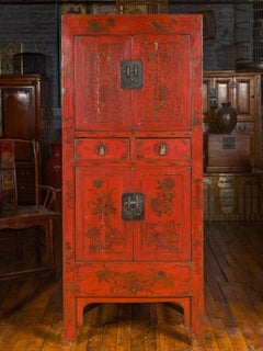 Chinese Qing Dynasty 19th Century Red Lacquered Cabinet with Gold Floral Motifs