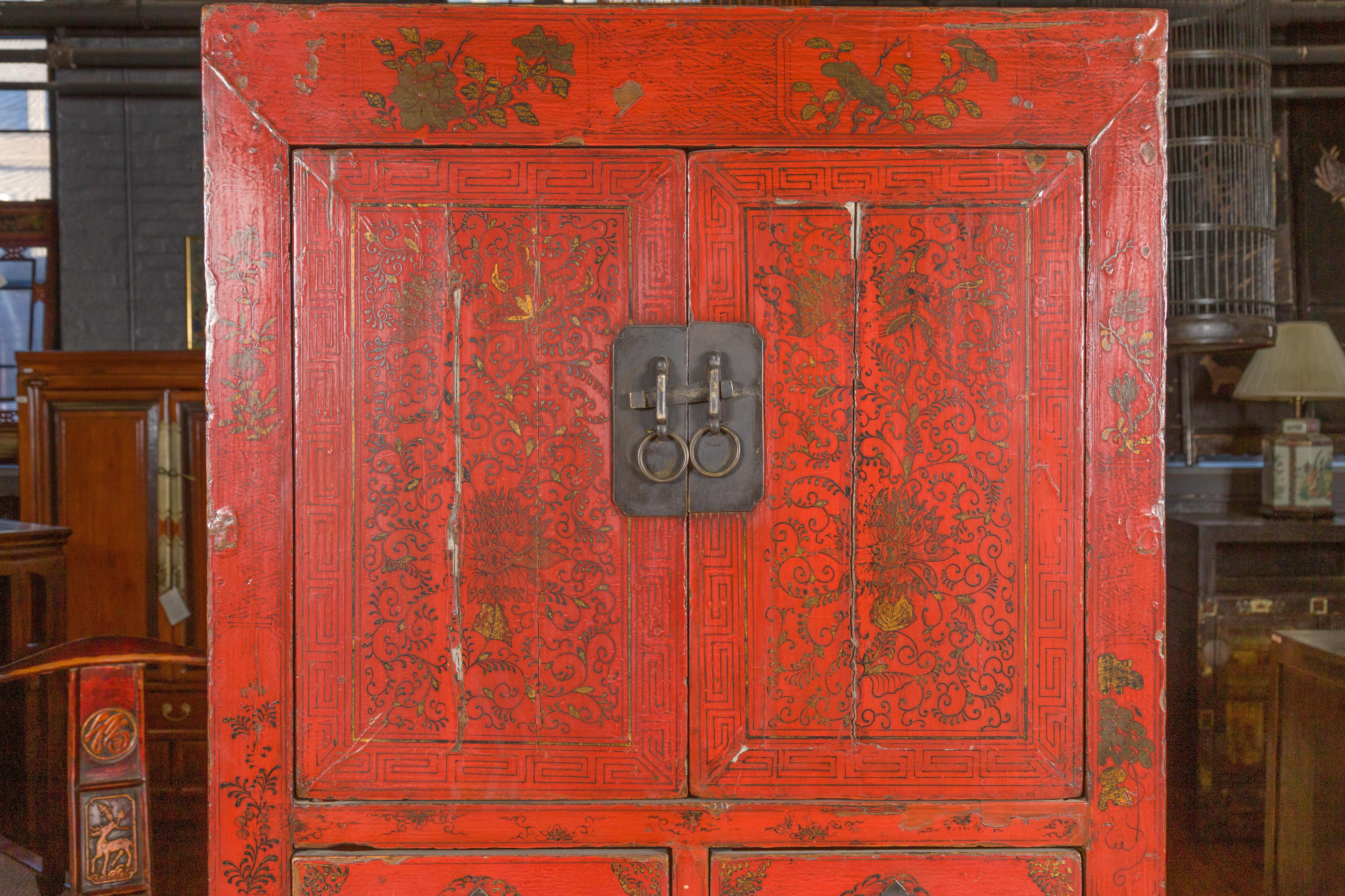Wood Chinese Qing Dynasty 19th Century Red Lacquered Cabinet with Gold Floral Motifs