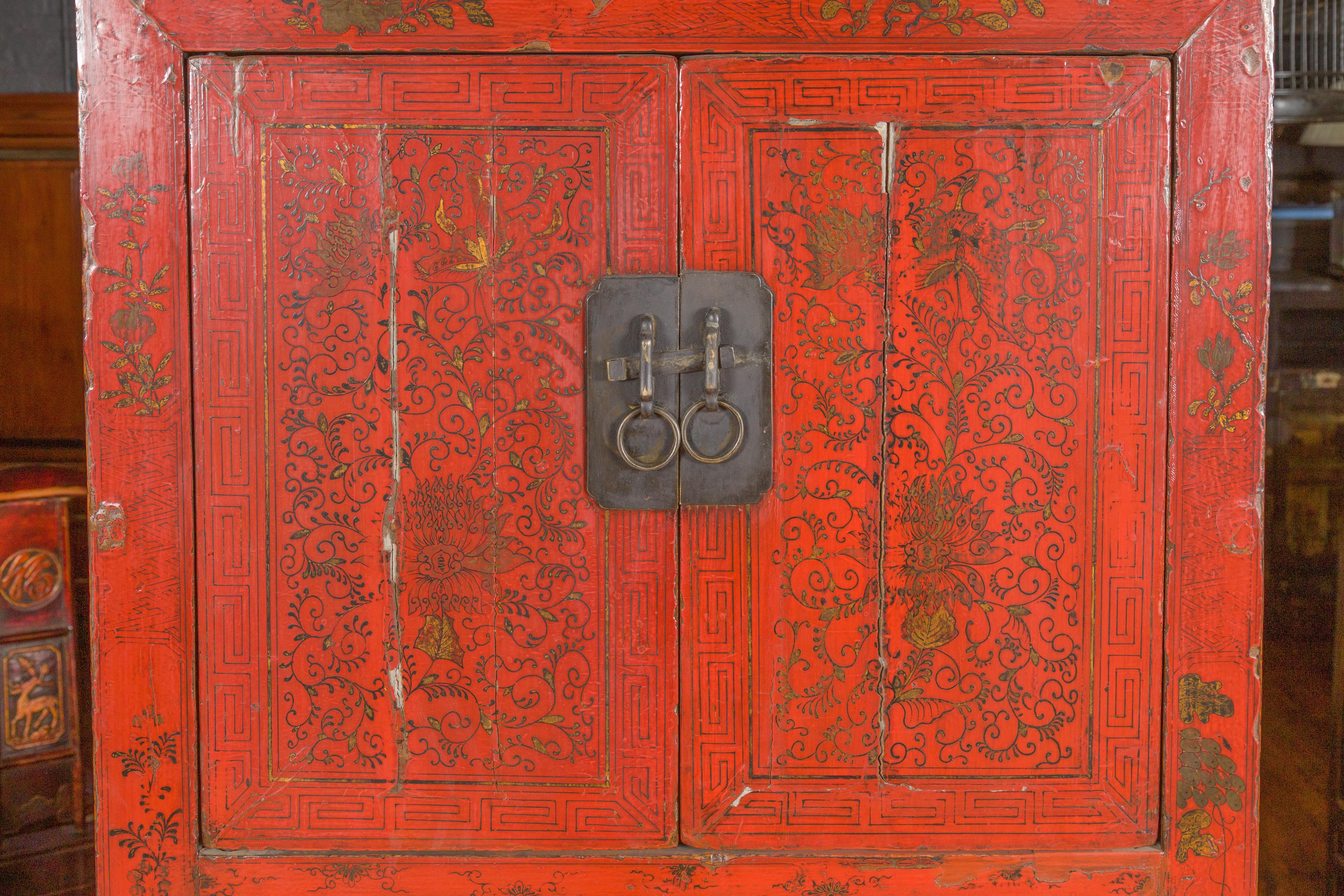 Chinese Qing Dynasty 19th Century Red Lacquered Cabinet with Gold Floral Motifs 1