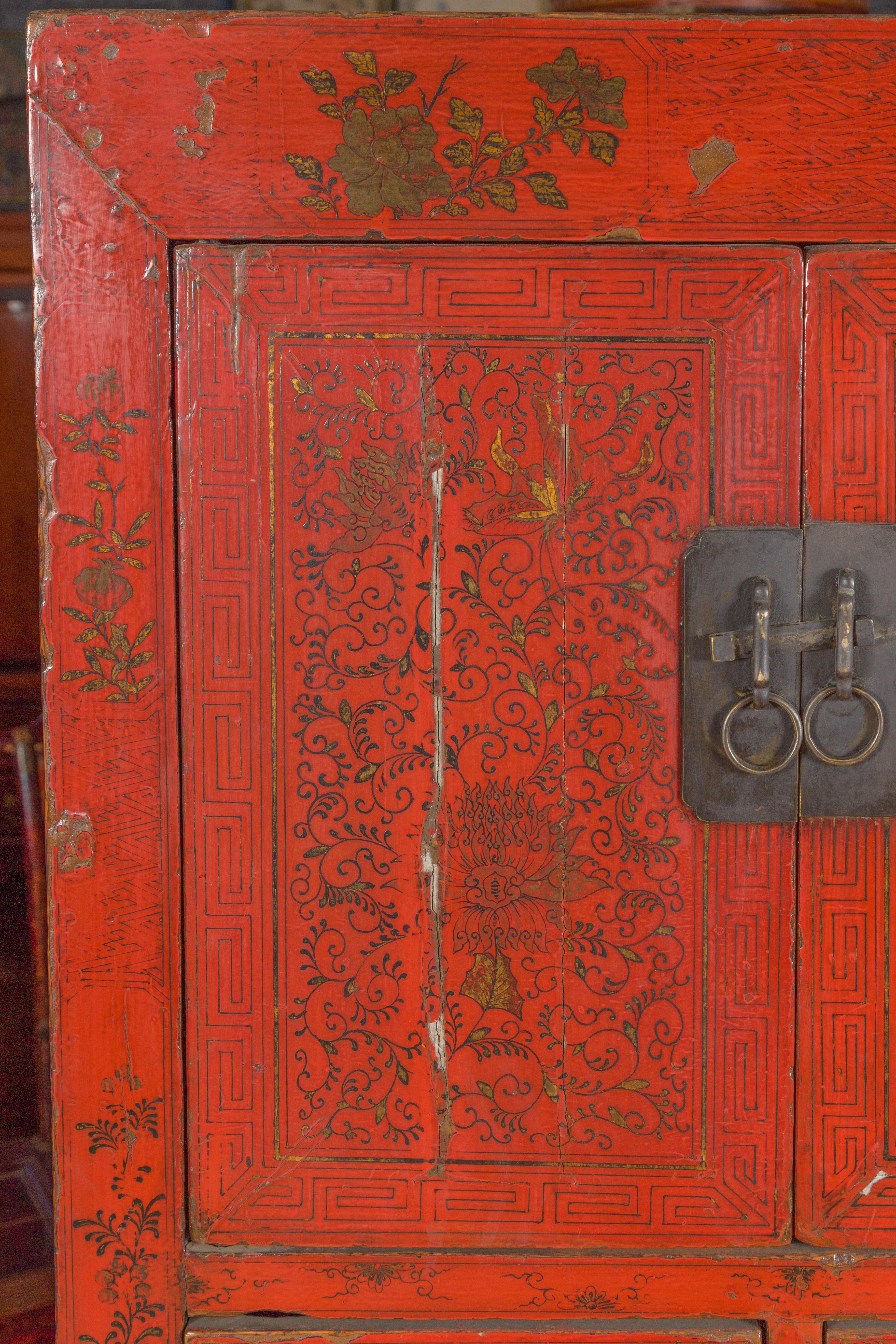 Chinese Qing Dynasty 19th Century Red Lacquered Cabinet with Gold Floral Motifs 2
