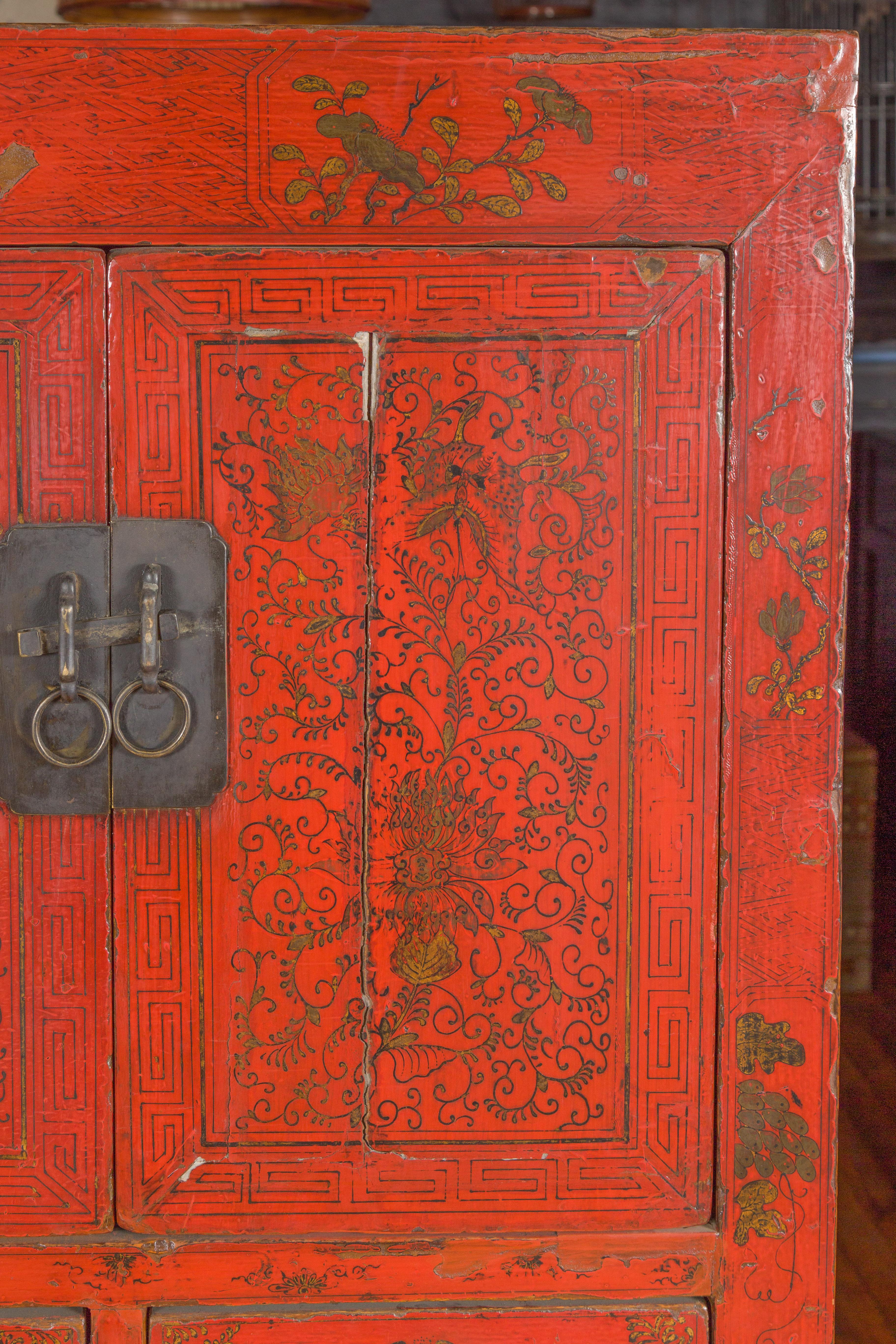 Chinese Qing Dynasty 19th Century Red Lacquered Cabinet with Gold Floral Motifs 3
