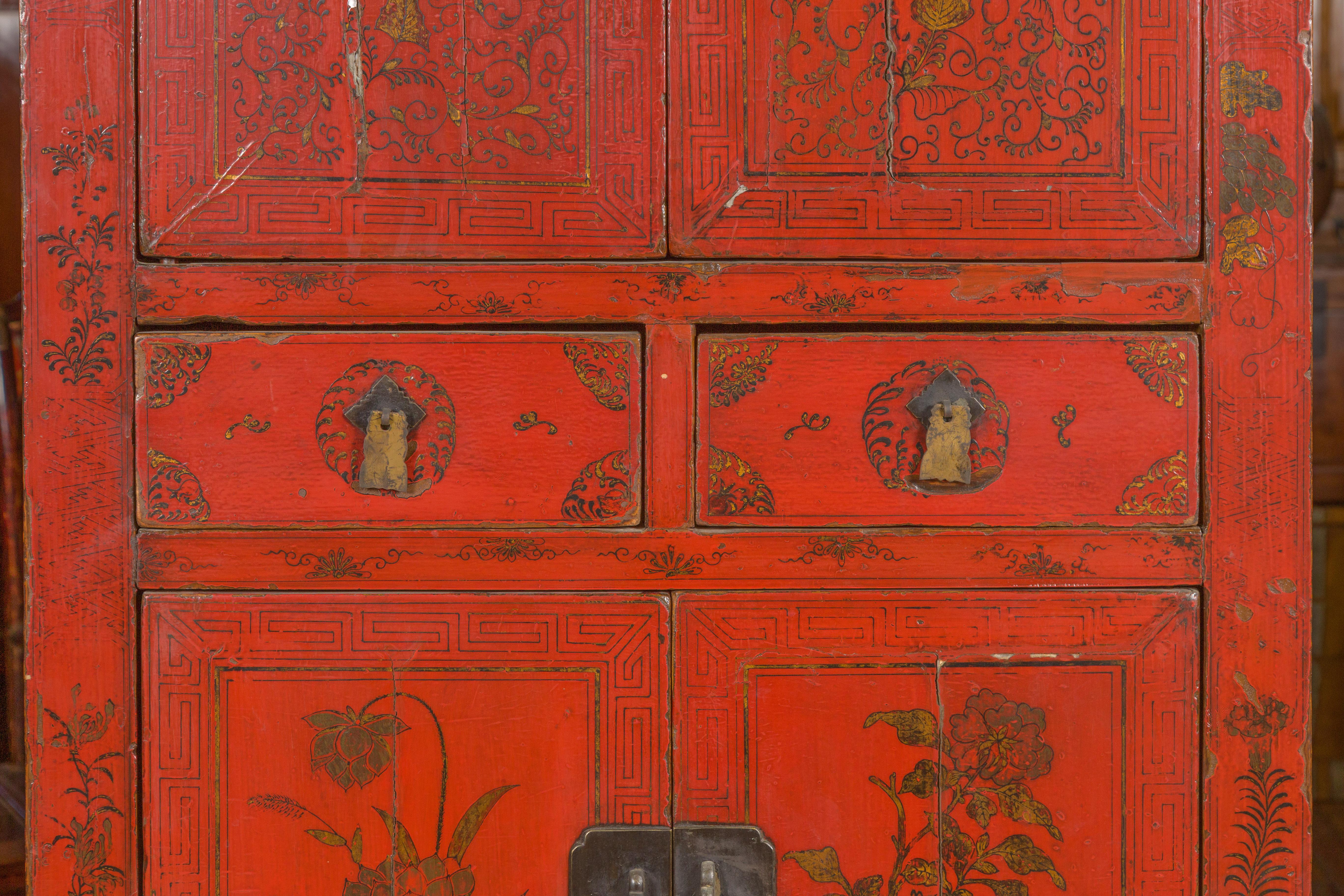 Chinese Qing Dynasty 19th Century Red Lacquered Cabinet with Gold Floral Motifs 5