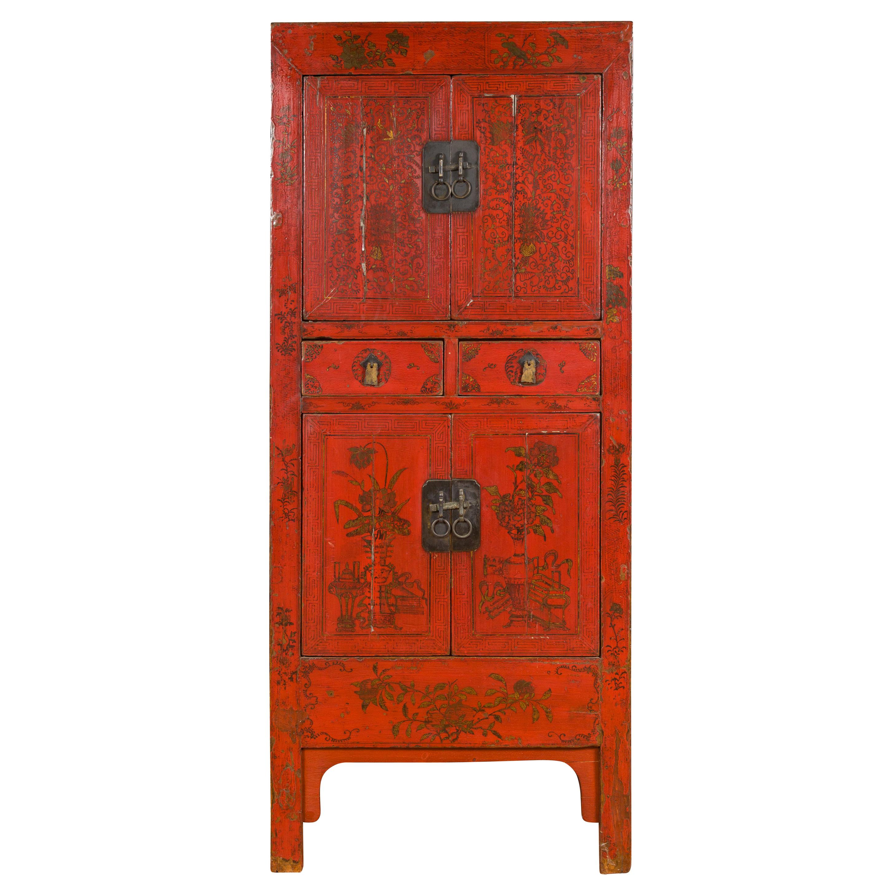 Chinese Qing Dynasty 19th Century Red Lacquered Cabinet with Gold Floral Motifs