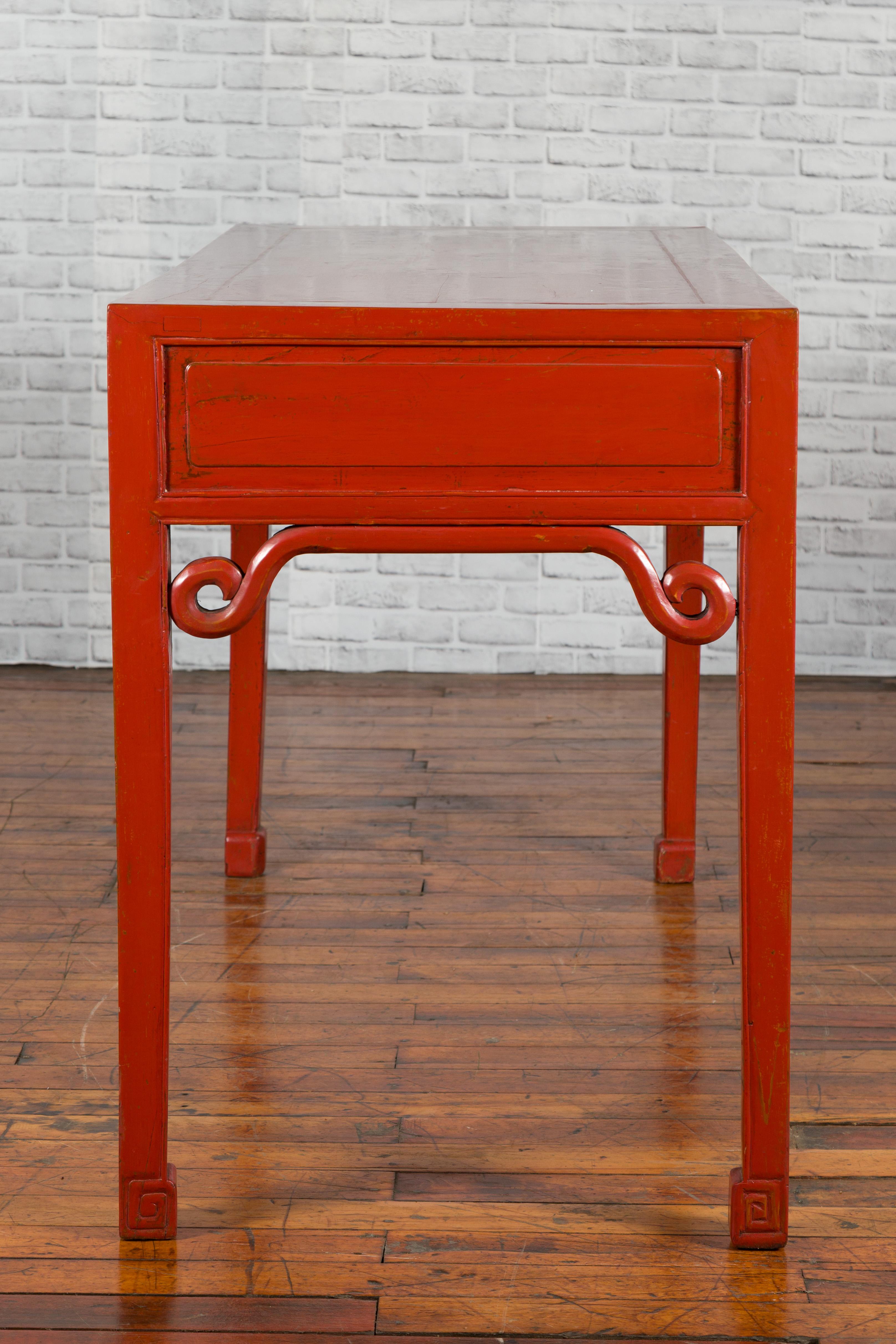 Chinese Qing Dynasty 19th Century Red Lacquered Desk with Floral Carved Drawers 13