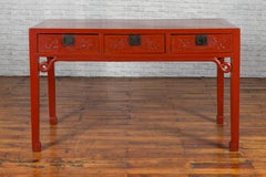Chinese Qing Dynasty 19th Century Red Lacquered Desk with Floral Carved Drawers