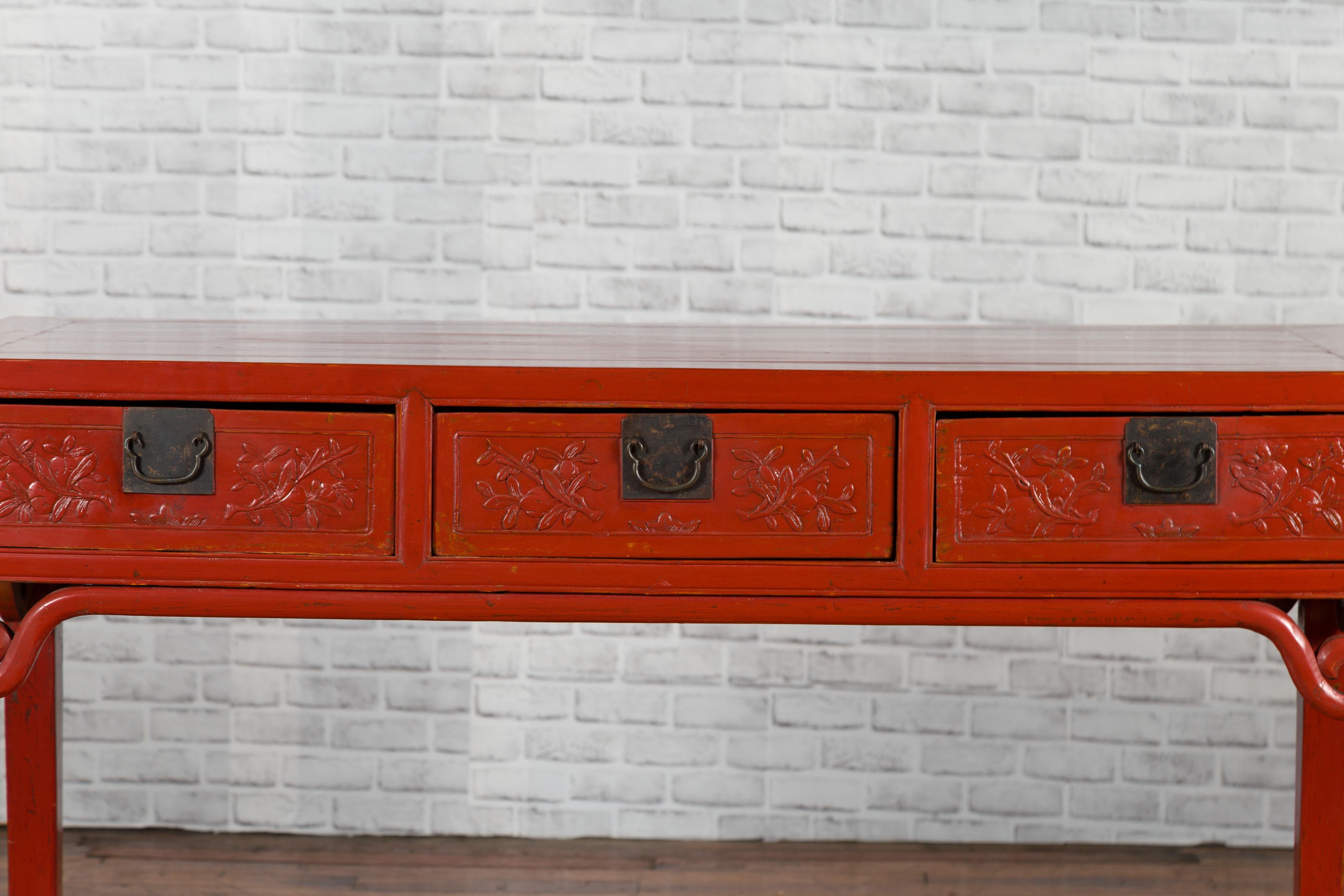 Wood Chinese Qing Dynasty 19th Century Red Lacquered Desk with Floral Carved Drawers