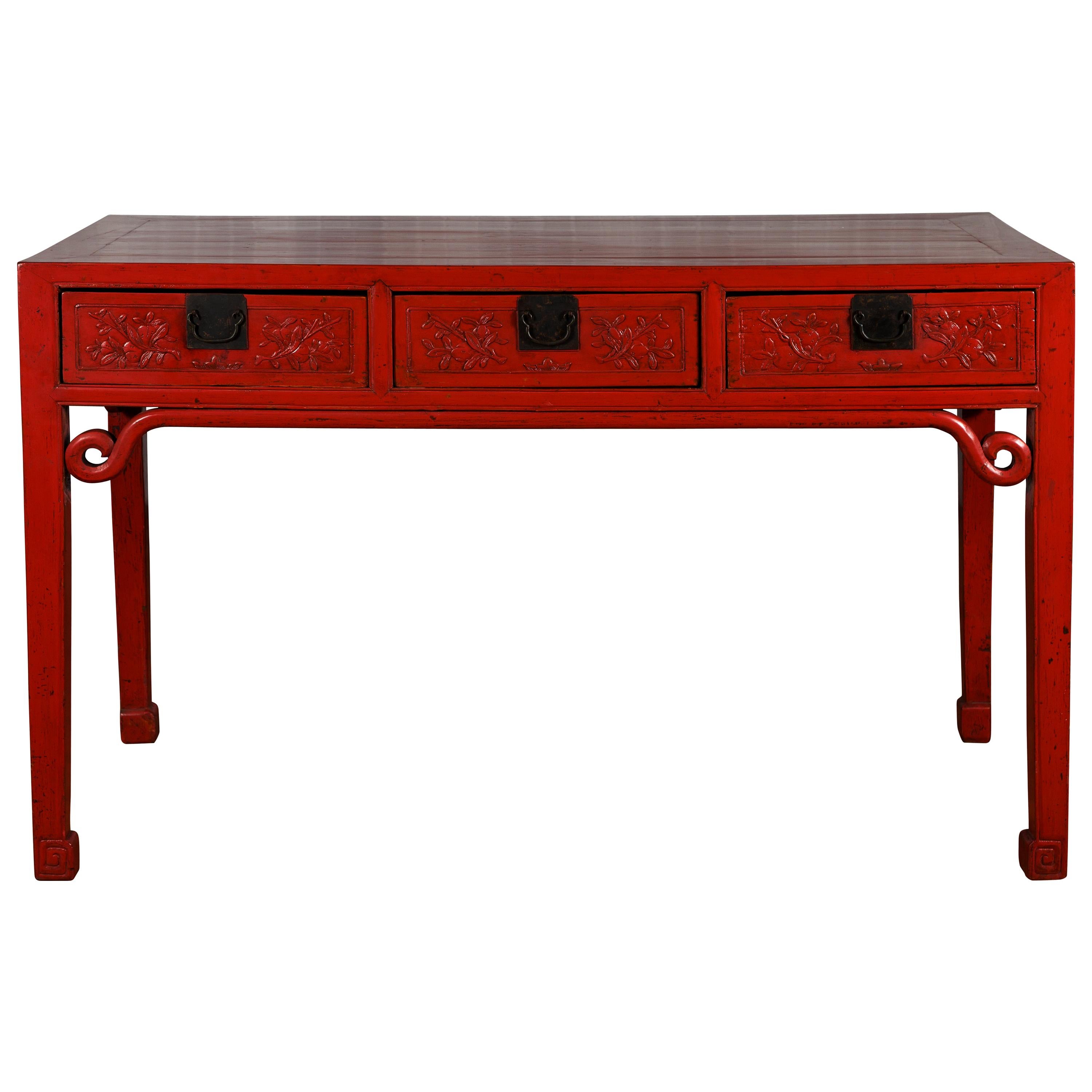 Chinese Qing Dynasty 19th Century Red Lacquered Desk with Floral Carved Drawers