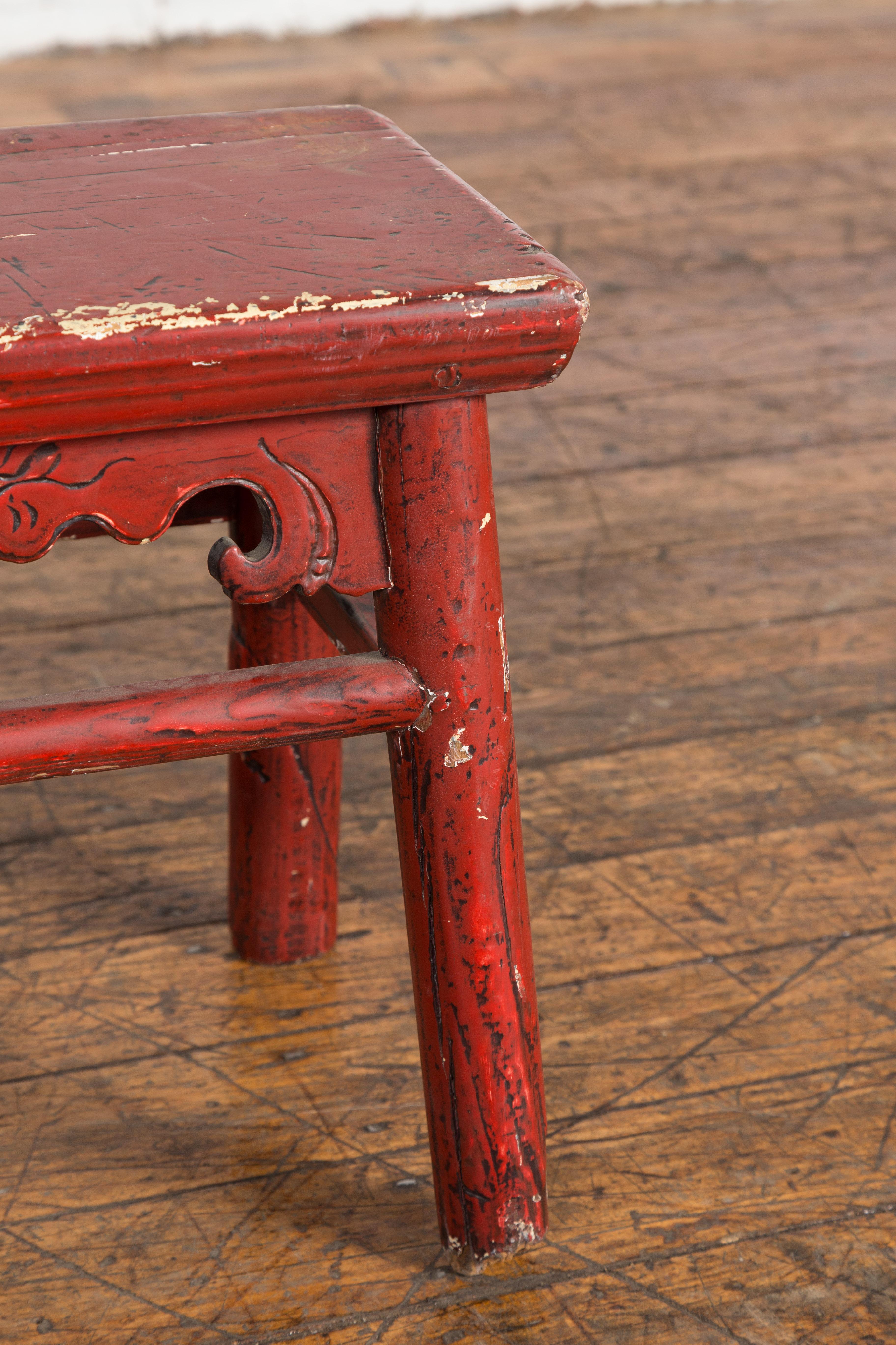 Chinese Qing Dynasty 19th Century Red Lacquered Stool with Carved Apron For Sale 6