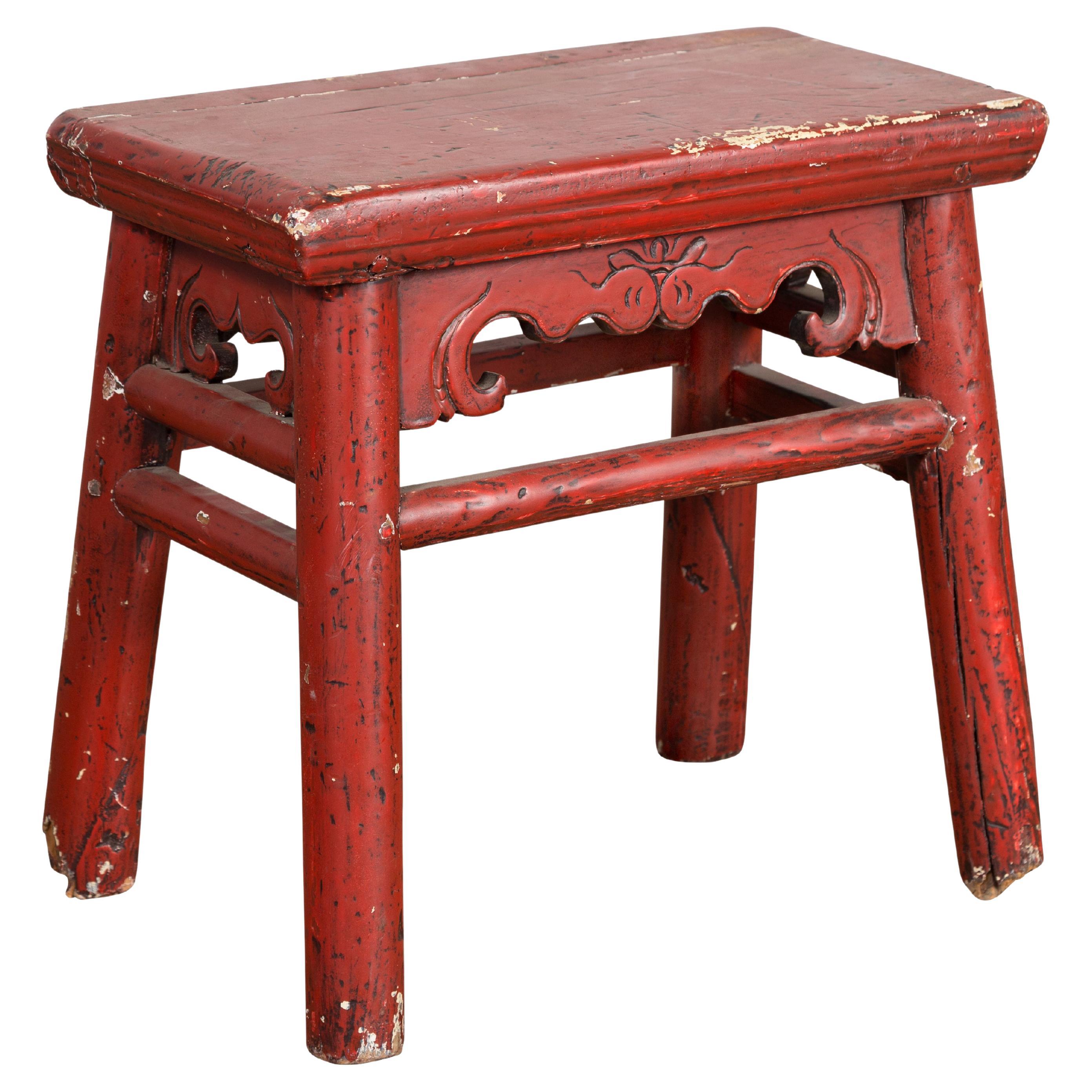 Chinese Qing Dynasty 19th Century Red Lacquered Stool with Carved Apron