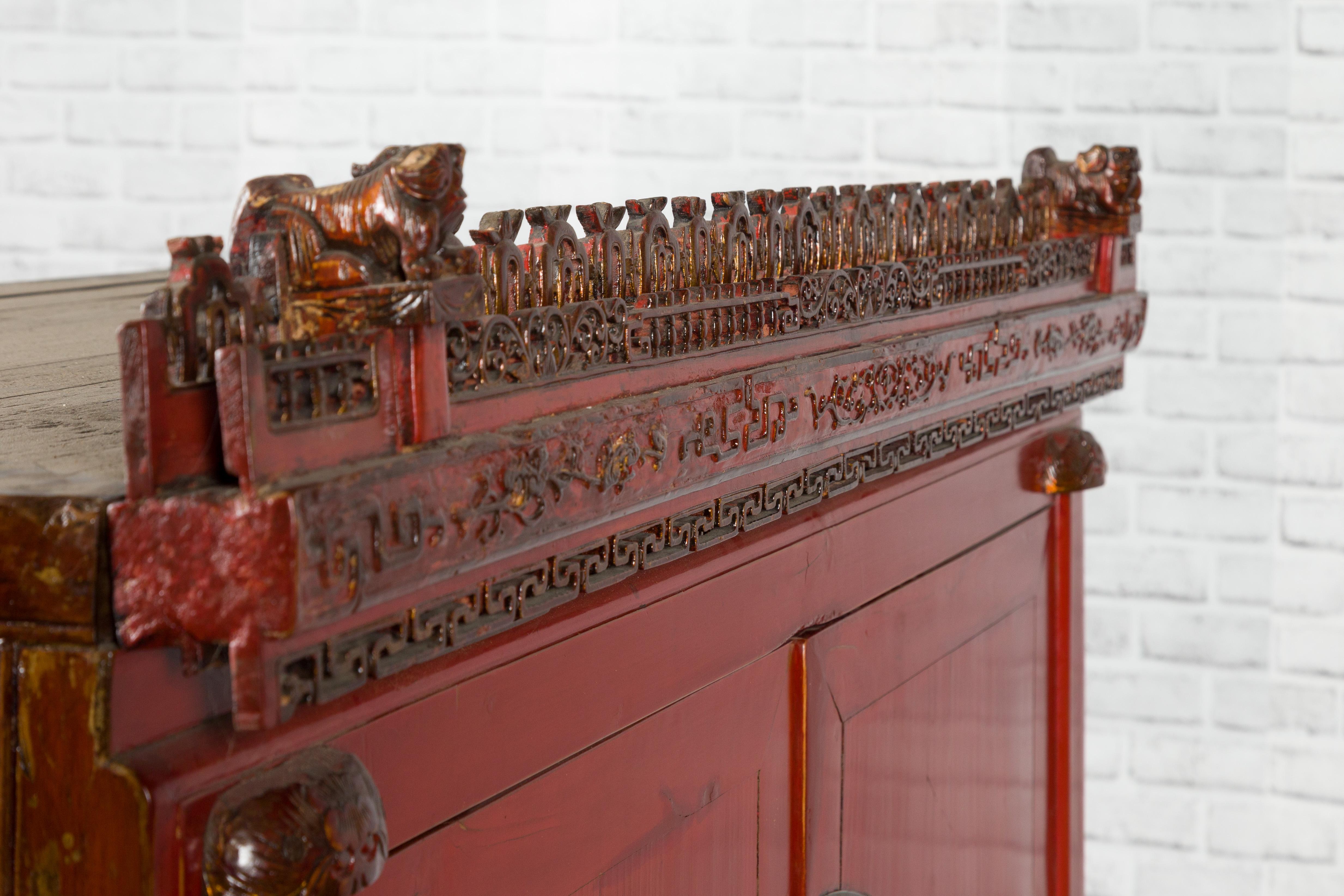 Chinese Qing Dynasty 19th Century Red Lacquered Wedding Cabinet with Carving 6