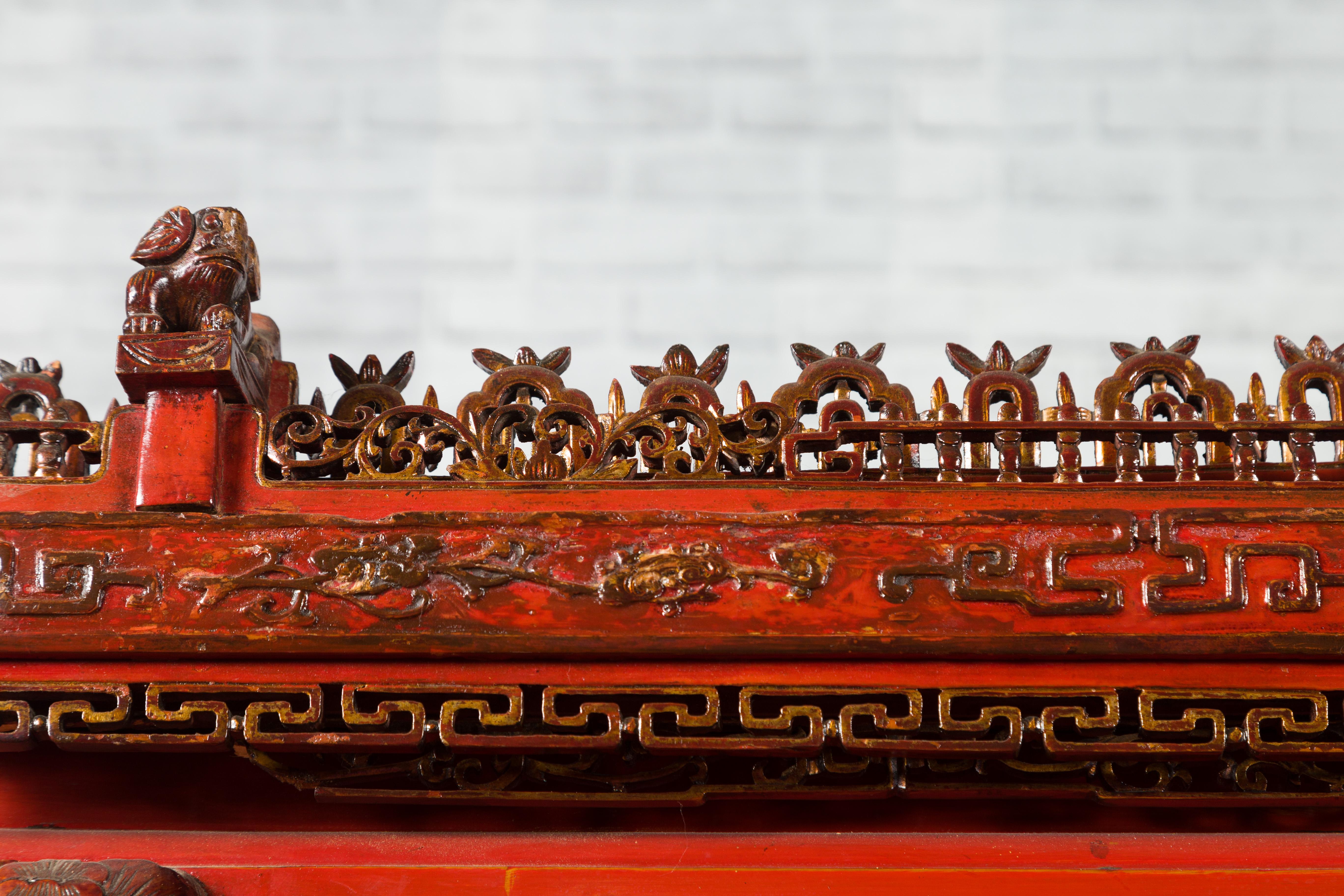 Chinese Qing Dynasty 19th Century Red Lacquered Wedding Cabinet with Carving 2