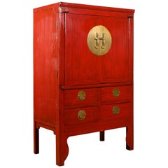 Chinese Qing Dynasty 19th Century Red Lacquered Wedding Cabinet with Medallion