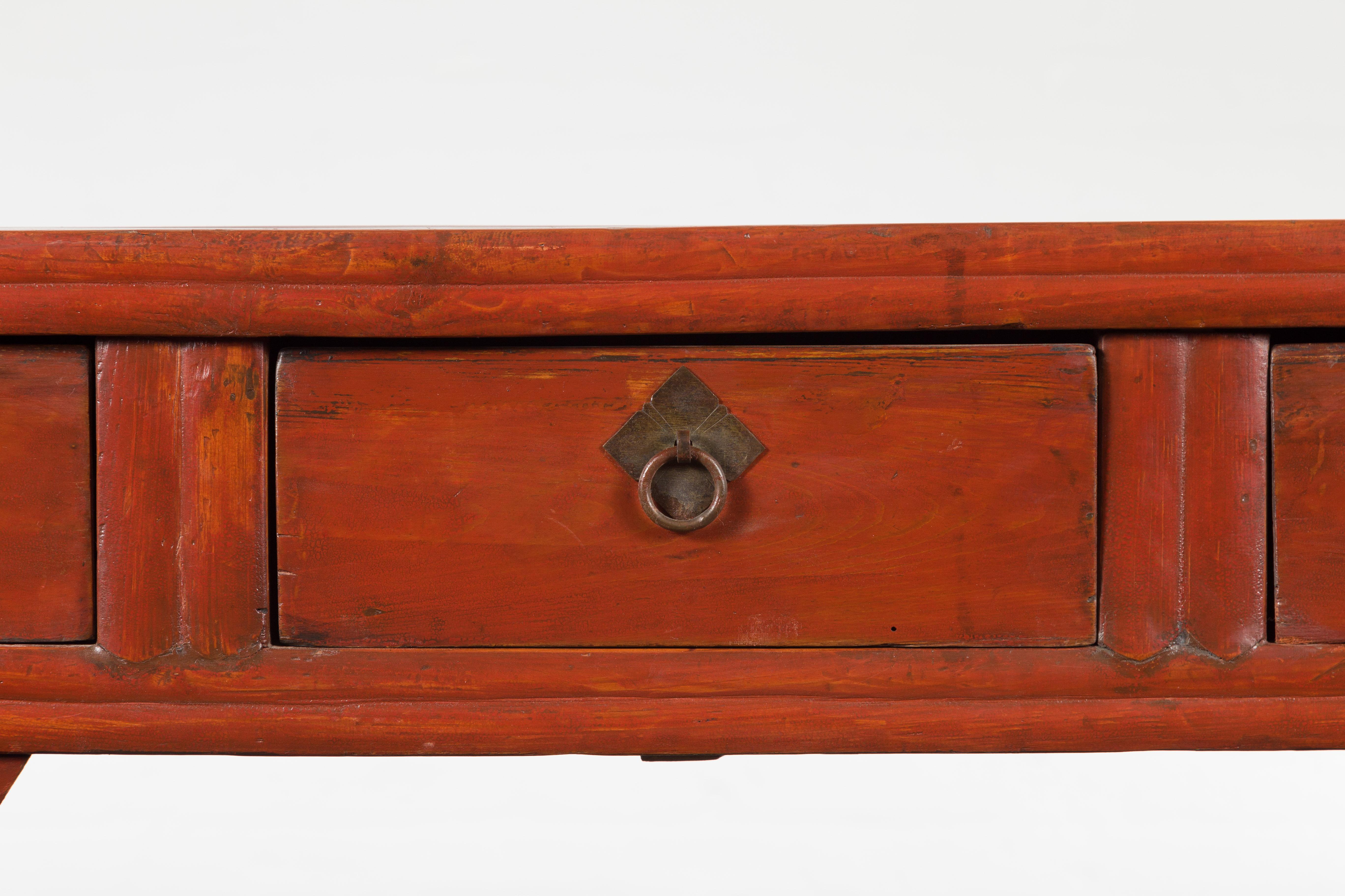 Chinese Qing Dynasty 19th Century Red Orange Lacquered Table with Three Drawers For Sale 6