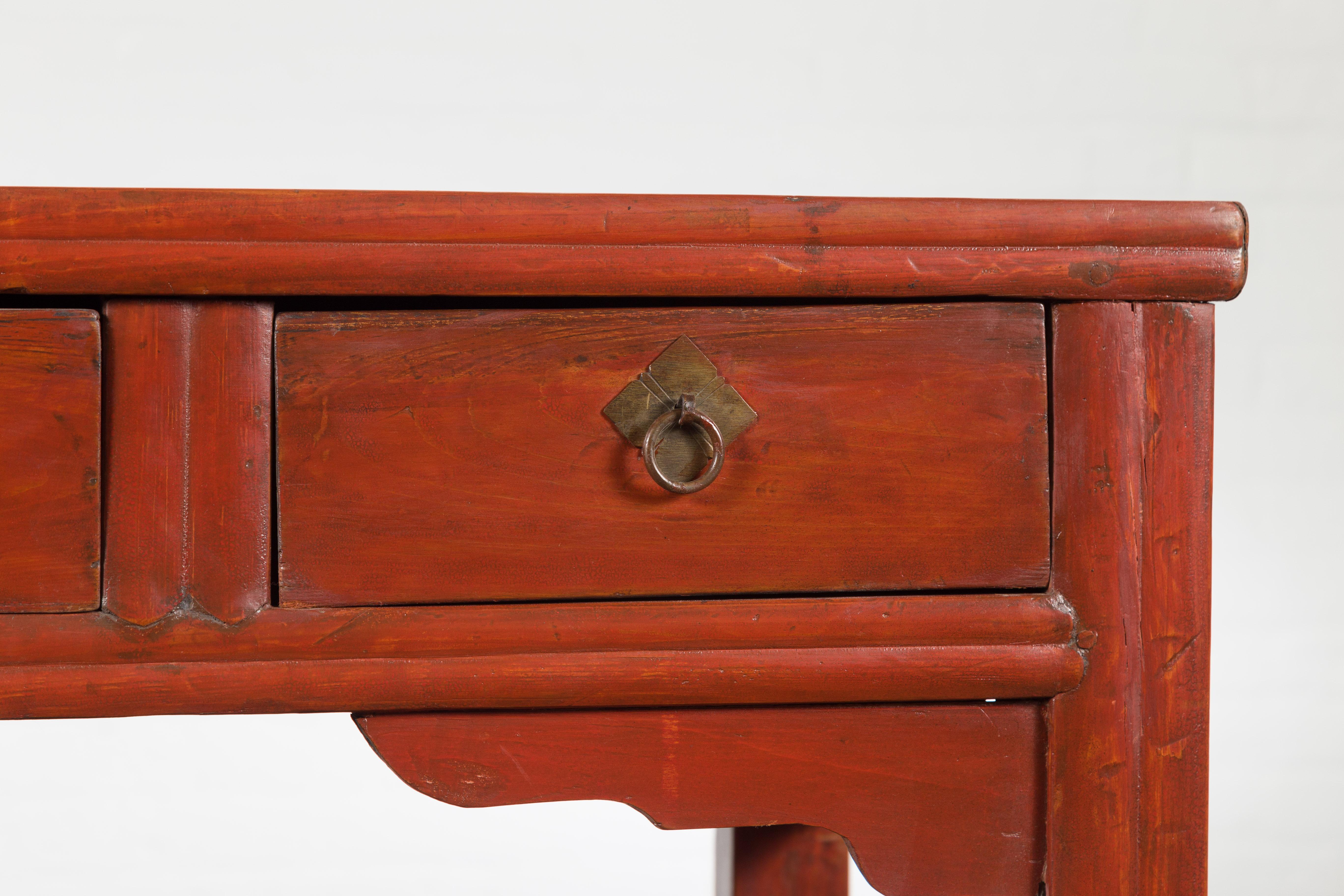 Chinese Qing Dynasty 19th Century Red Orange Lacquered Table with Three Drawers For Sale 7