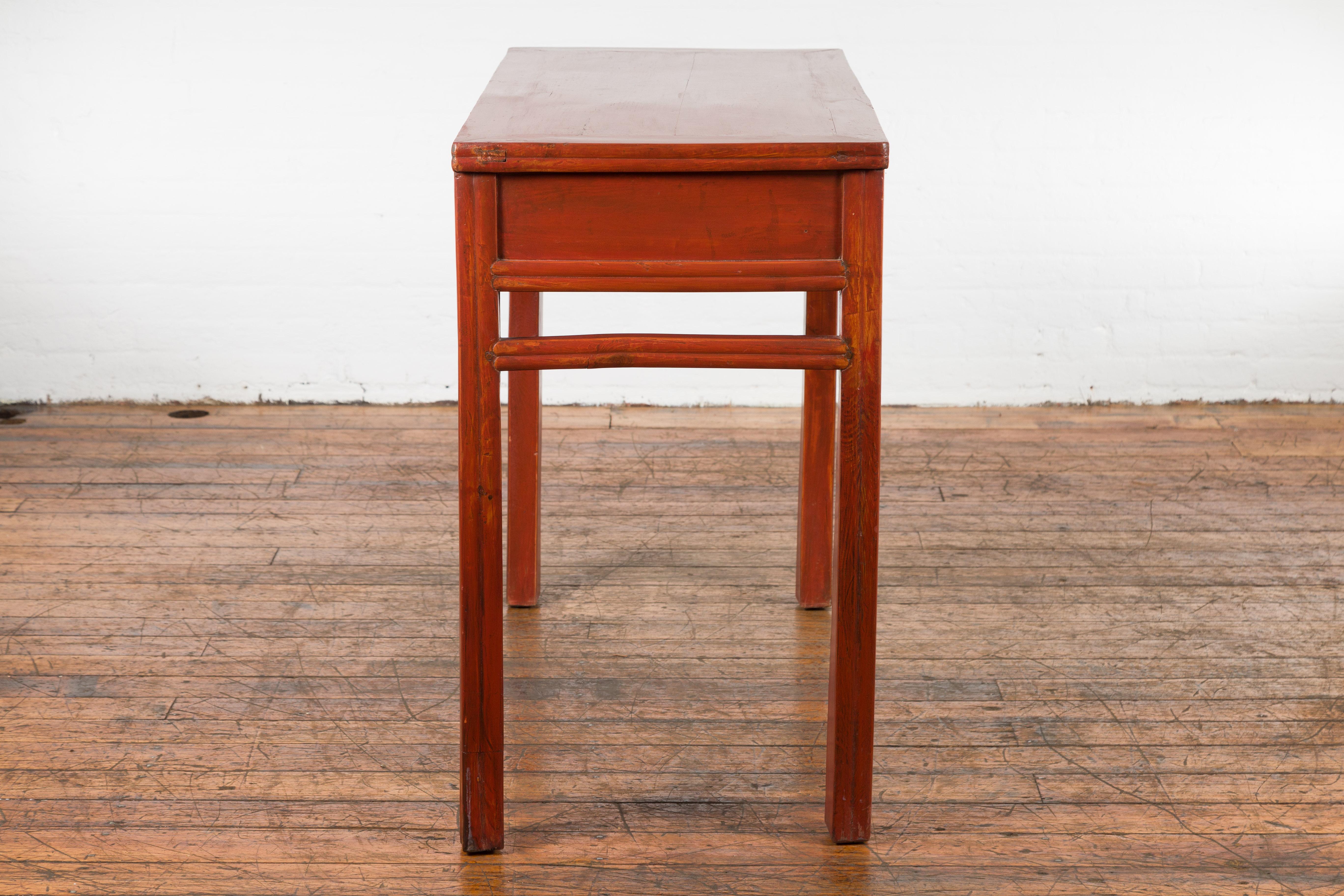 Chinese Qing Dynasty 19th Century Red Orange Lacquered Table with Three Drawers For Sale 12