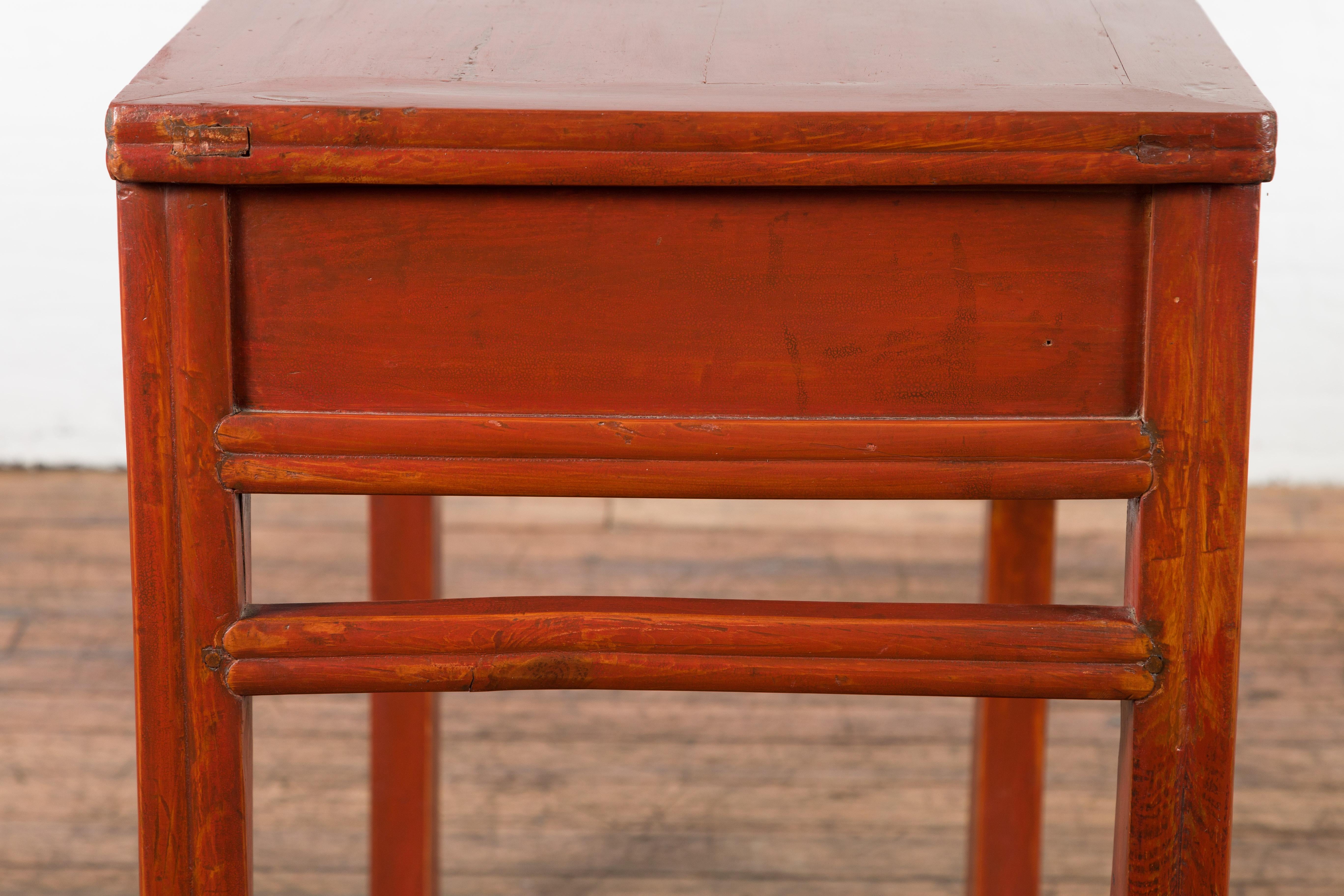 Chinese Qing Dynasty 19th Century Red Orange Lacquered Table with Three Drawers For Sale 13