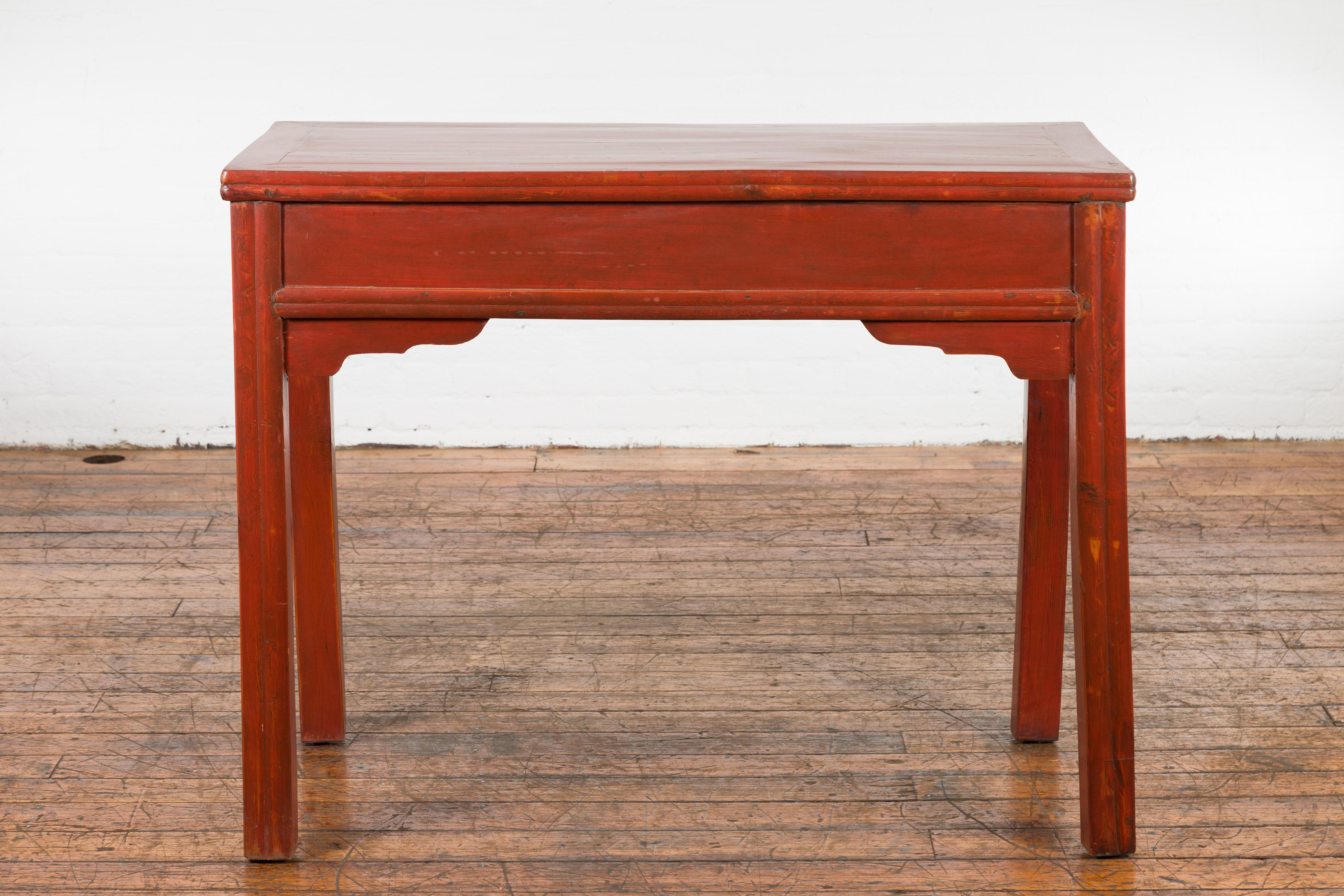 Chinese Qing Dynasty 19th Century Red Orange Lacquered Table with Three Drawers For Sale 15