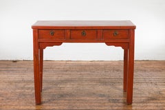 Qing Dynasty 19th Century Red Orange Lacquered Table with Three Drawers