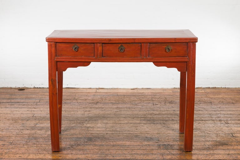 Chinese Qing Dynasty 19th Century Red Orange Lacquered Table with Three ...