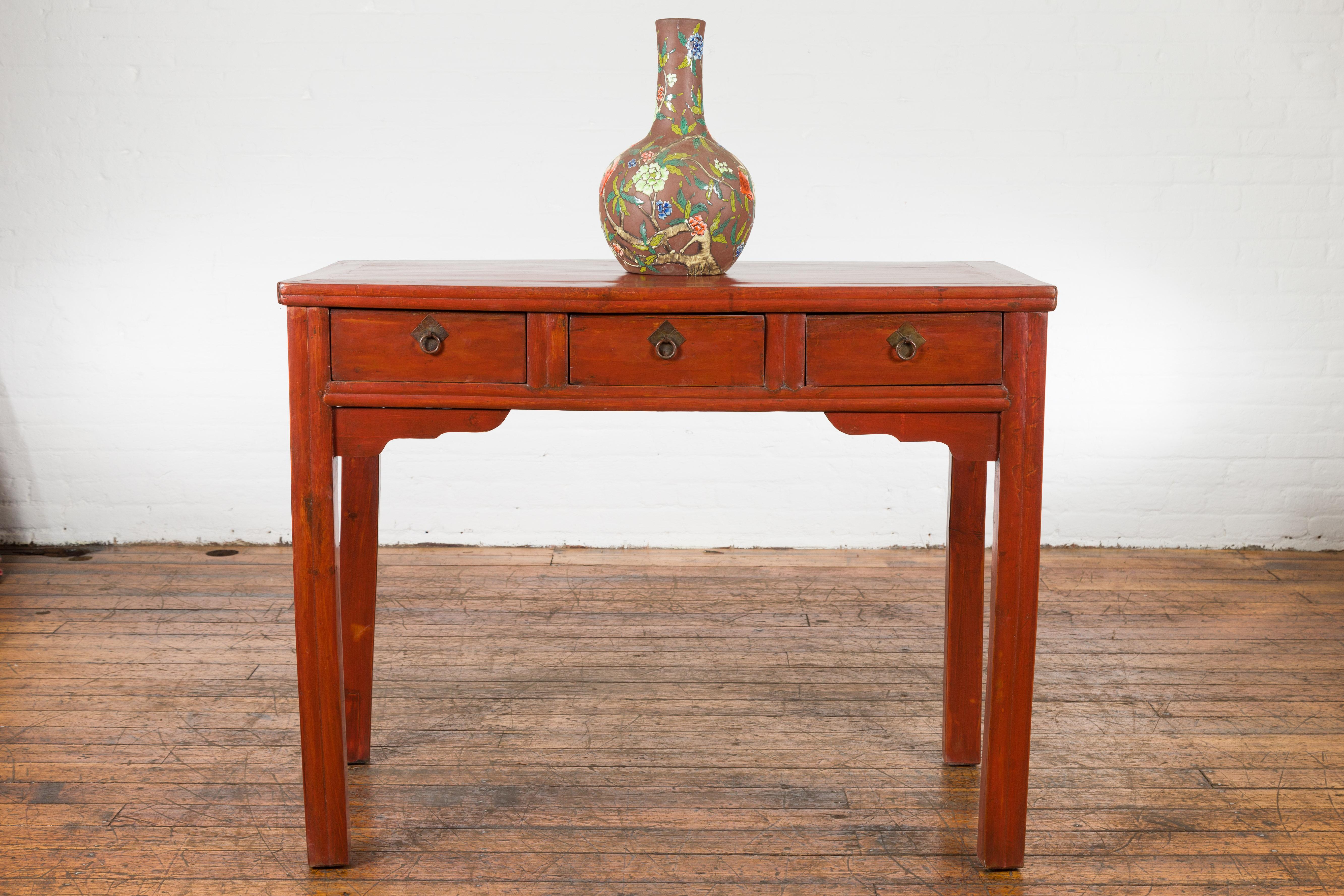 Chinese Qing Dynasty 19th Century Red Orange Lacquered Table with Three Drawers In Good Condition For Sale In Yonkers, NY