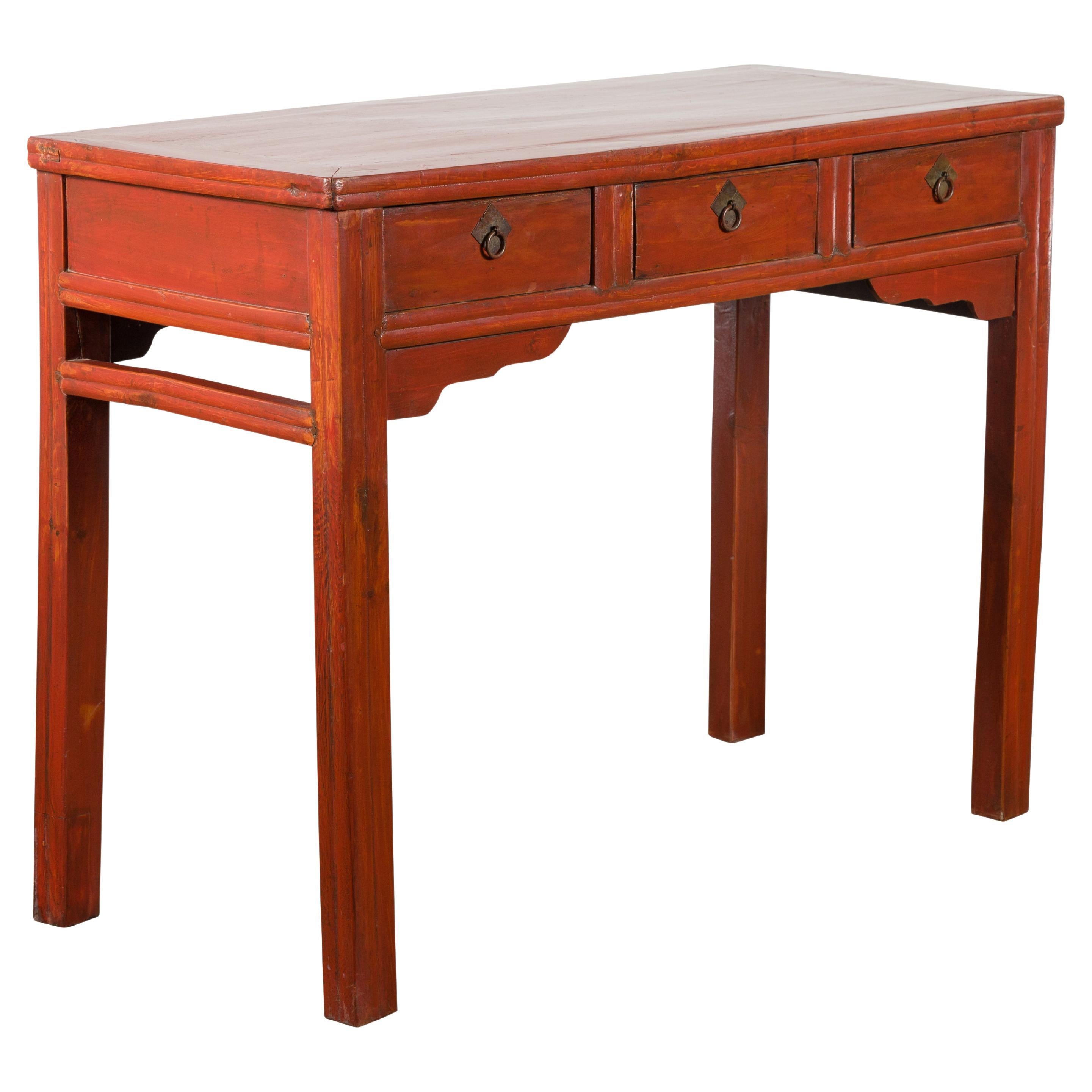 Chinese Qing Dynasty 19th Century Red Orange Lacquered Table with Three Drawers For Sale