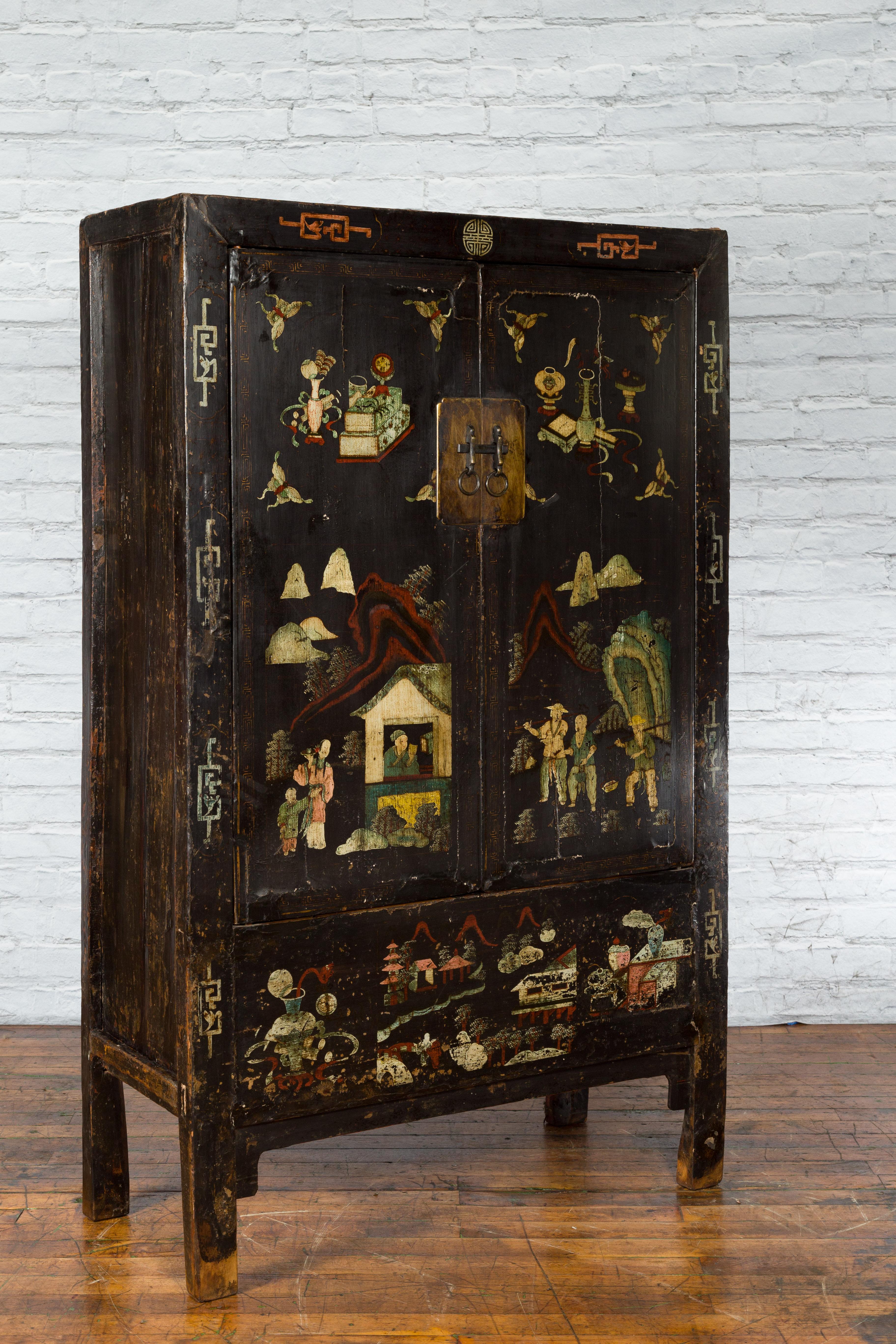 Lacquered Chinese Qing Dynasty 19th Century Shanxi Cabinet with Original Black Lacquer For Sale