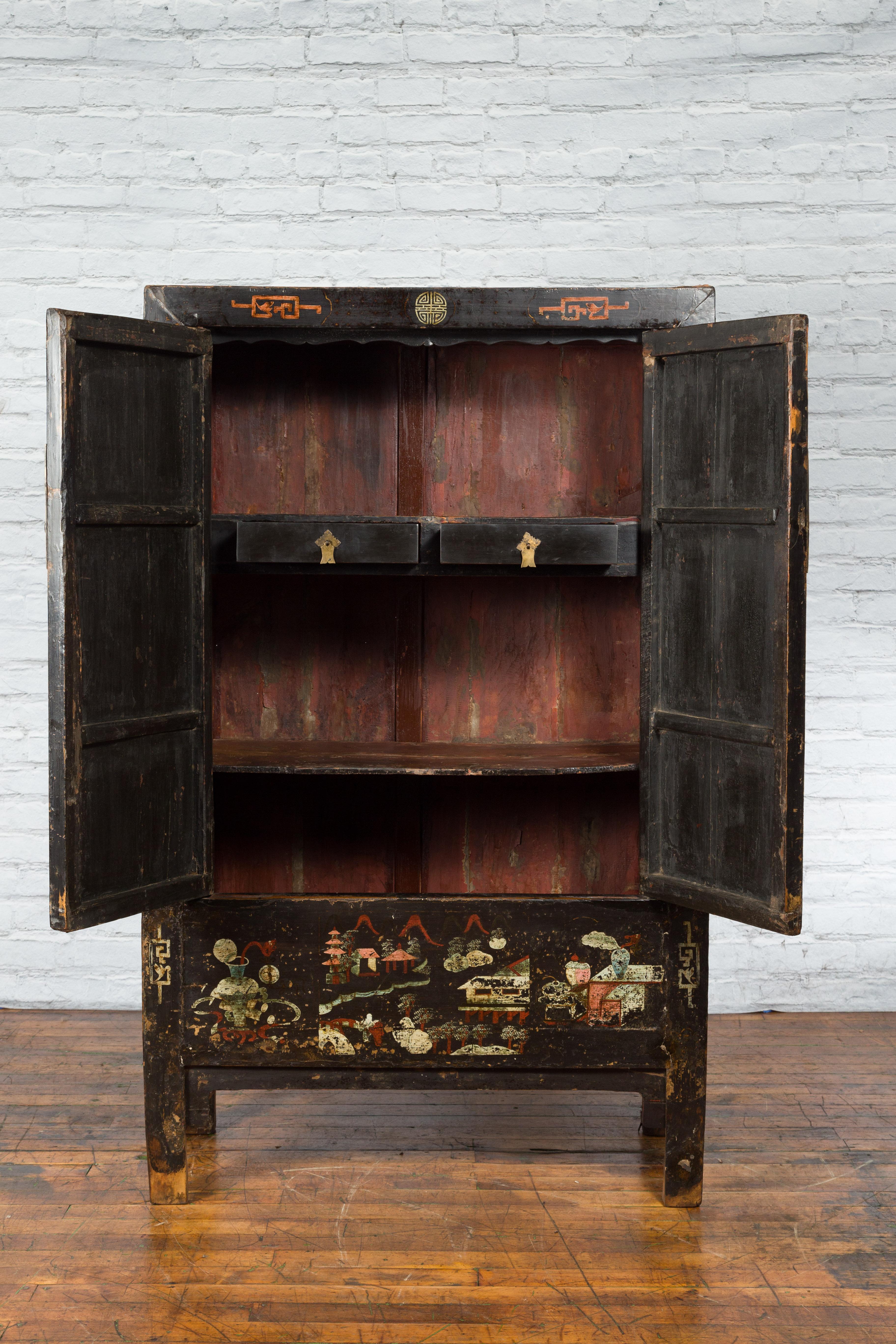 Wood Chinese Qing Dynasty 19th Century Shanxi Cabinet with Original Black Lacquer For Sale