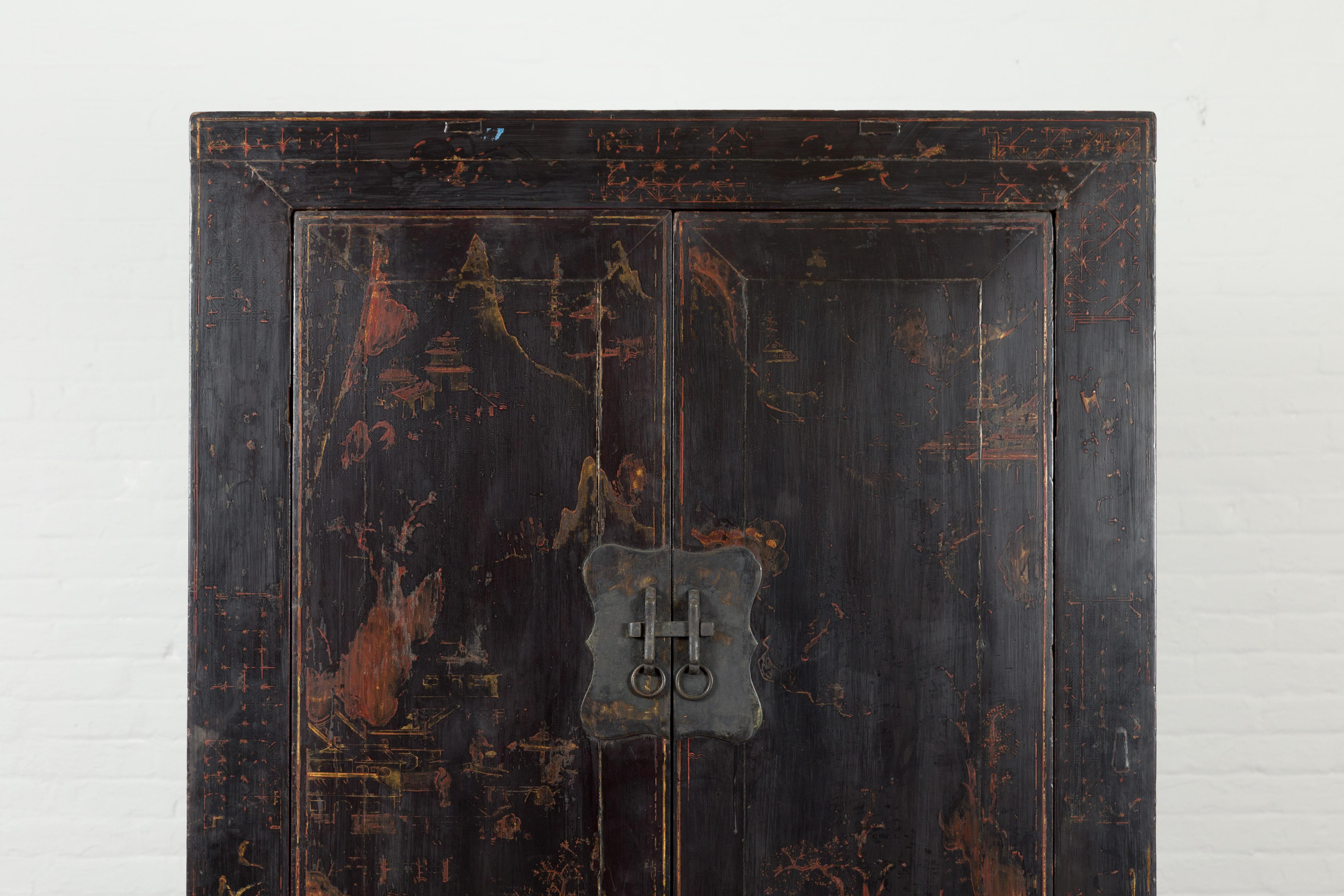 Lacquered Chinese Qing Dynasty 19th Century Shanxi Cabinet with Original Black Lacquer For Sale