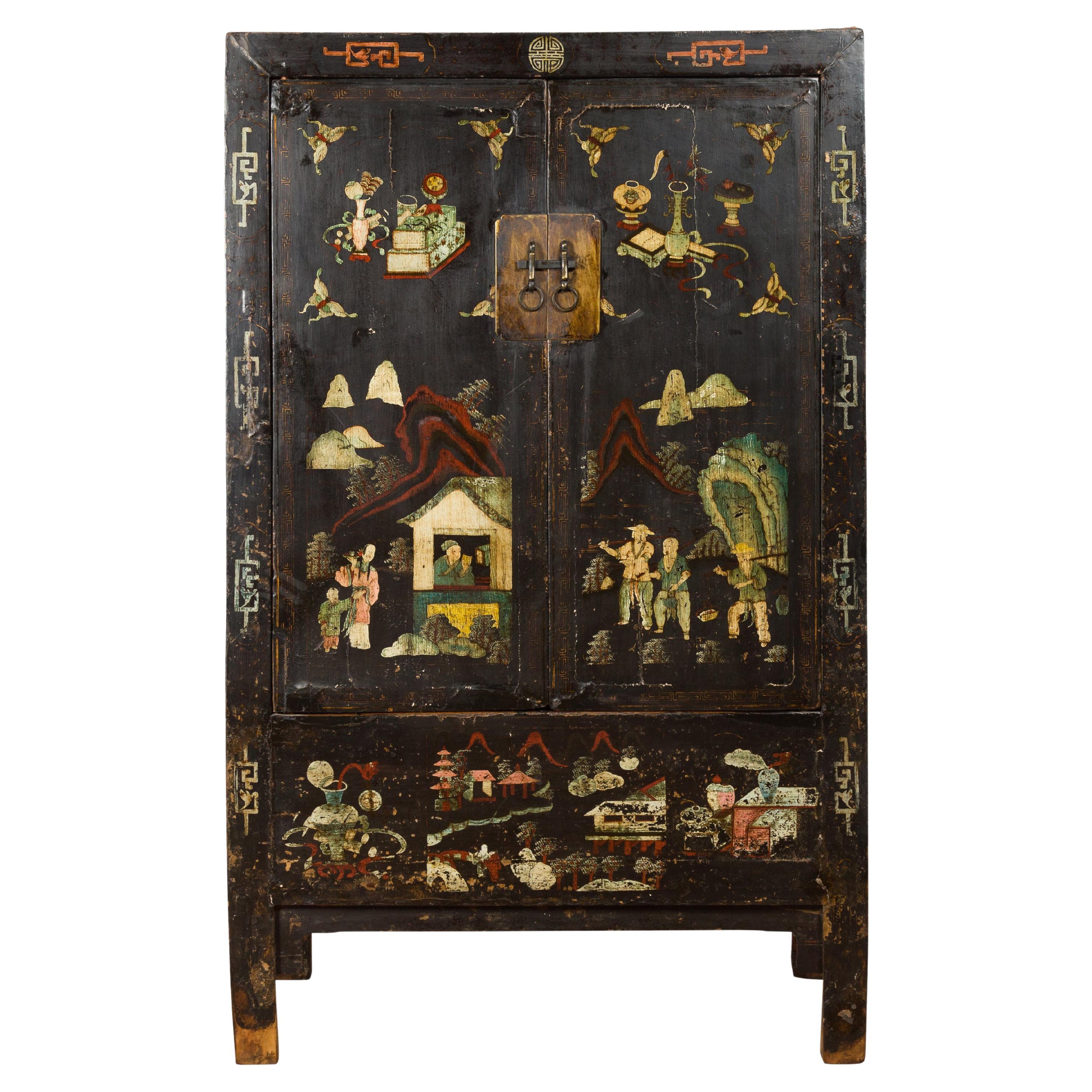 Chinese Qing Dynasty 19th Century Shanxi Cabinet with Original Black Lacquer For Sale