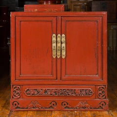 Chinese Qing Dynasty 19th Century Shanxi Red Lacquered Cabinet with Carved Birds